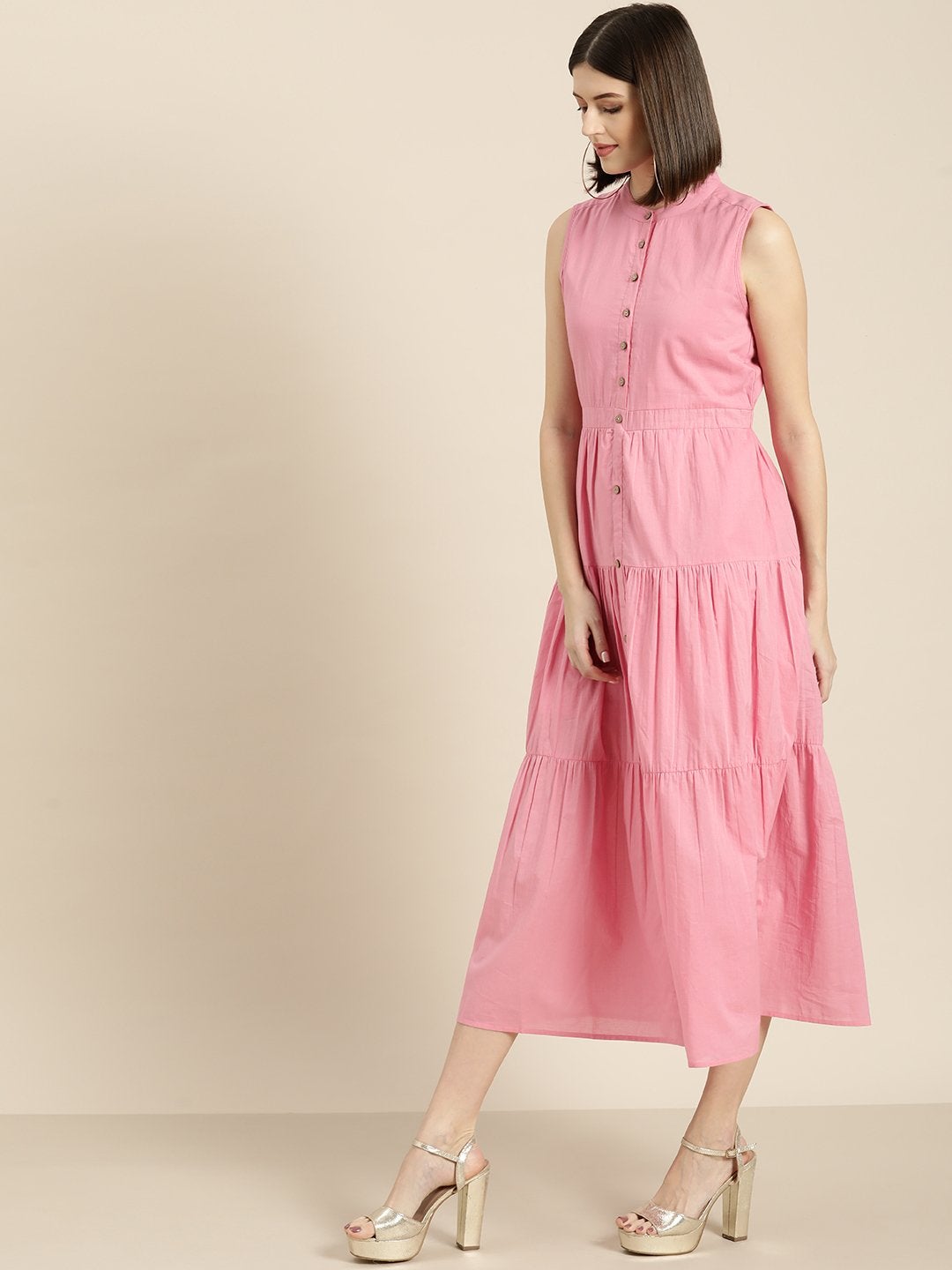 Women's Pink Sleeveless Tiered Dress - SASSAFRAS