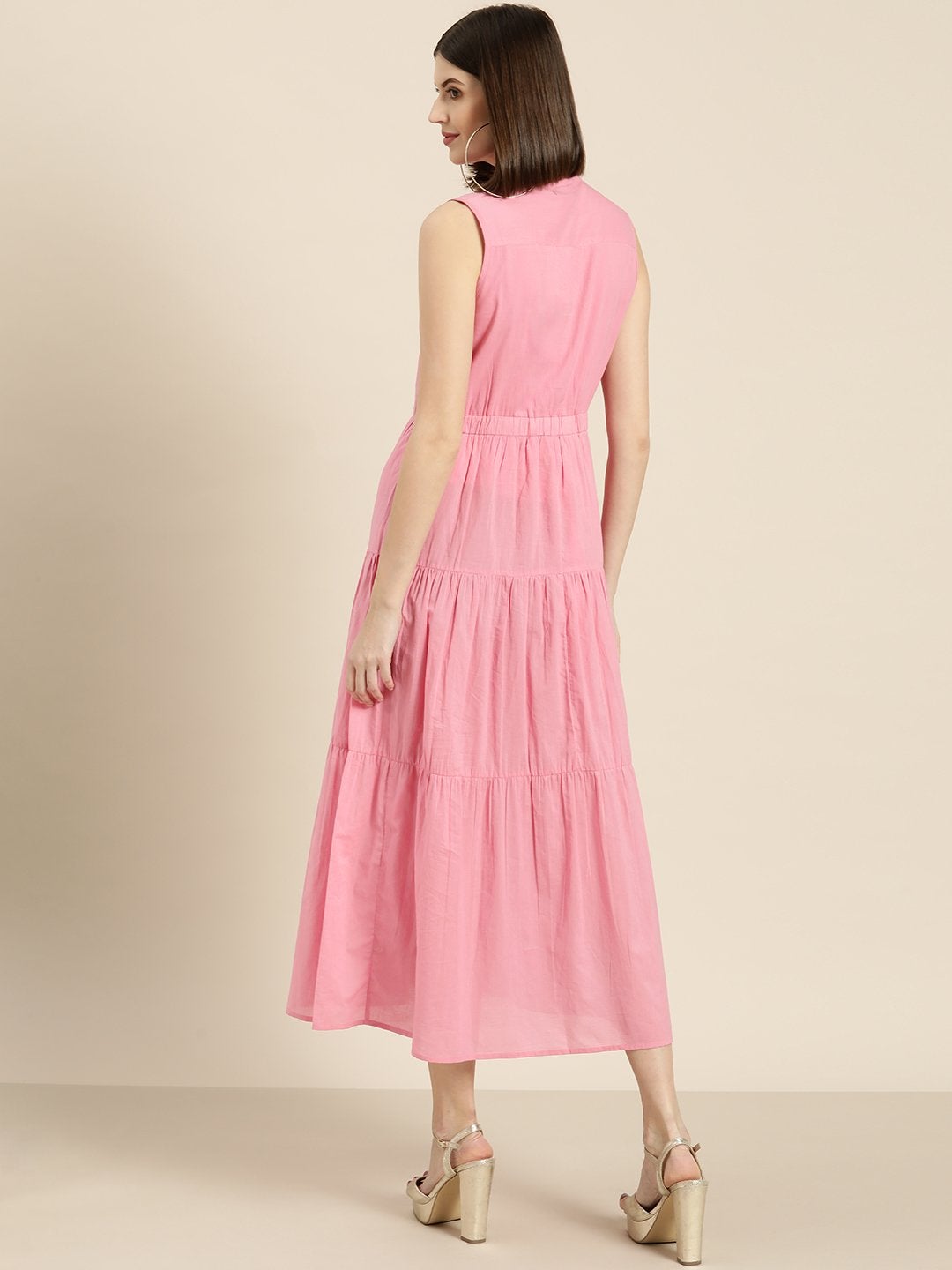 Women's Pink Sleeveless Tiered Dress - SASSAFRAS