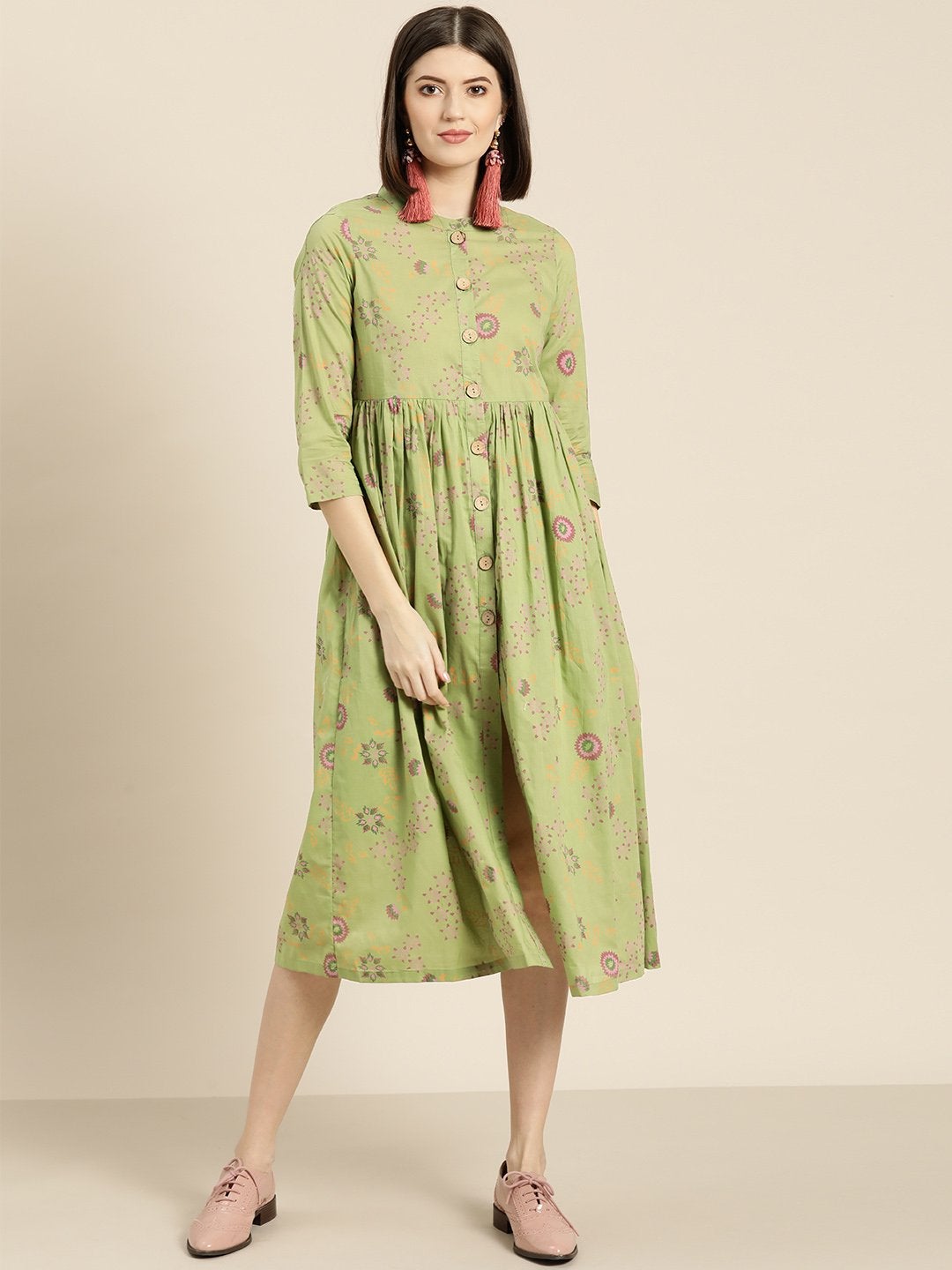 Women's Green Printed Front Button Gathered Dress - SASSAFRAS