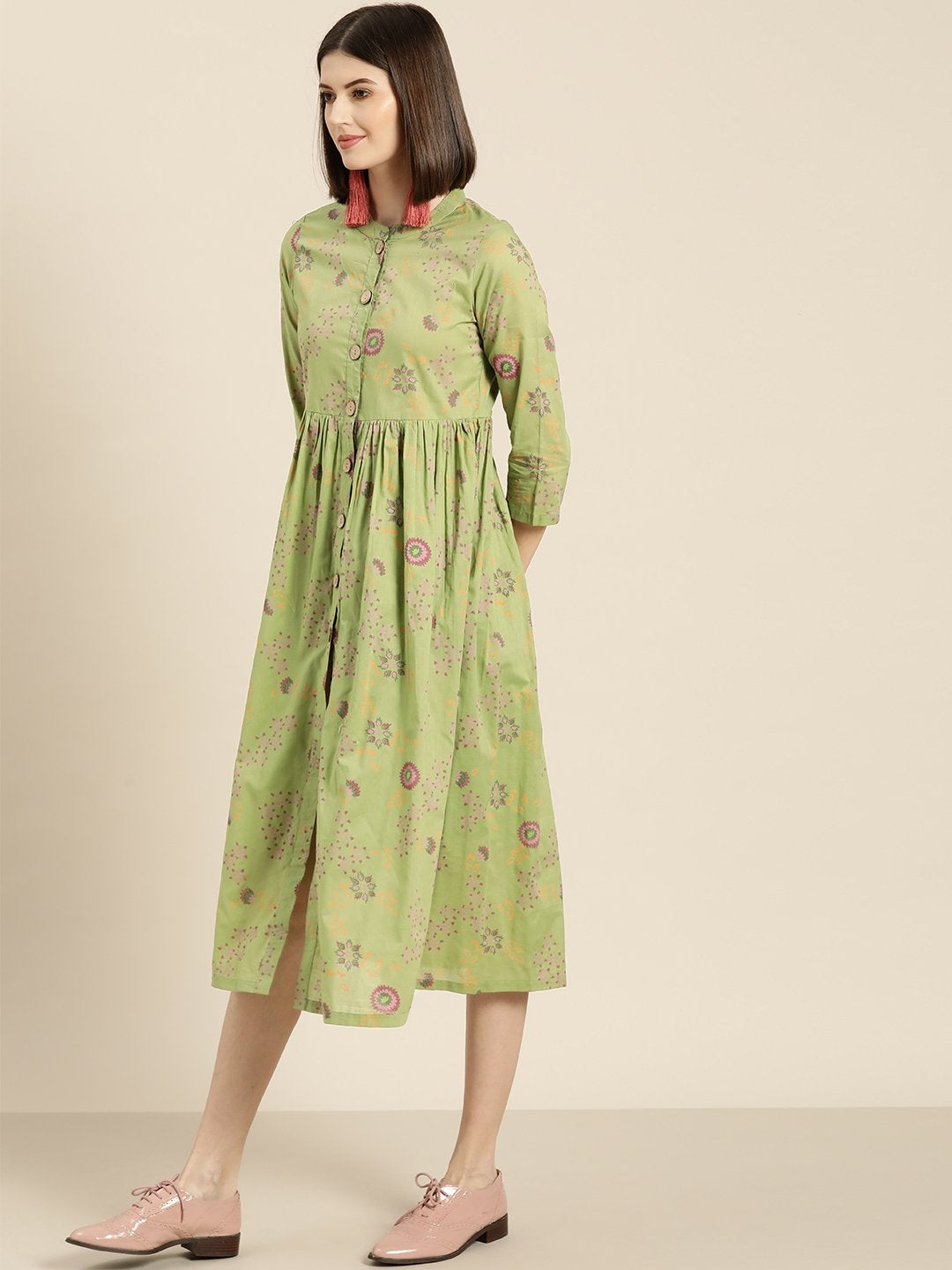 Women's Green Printed Front Button Gathered Dress - SASSAFRAS