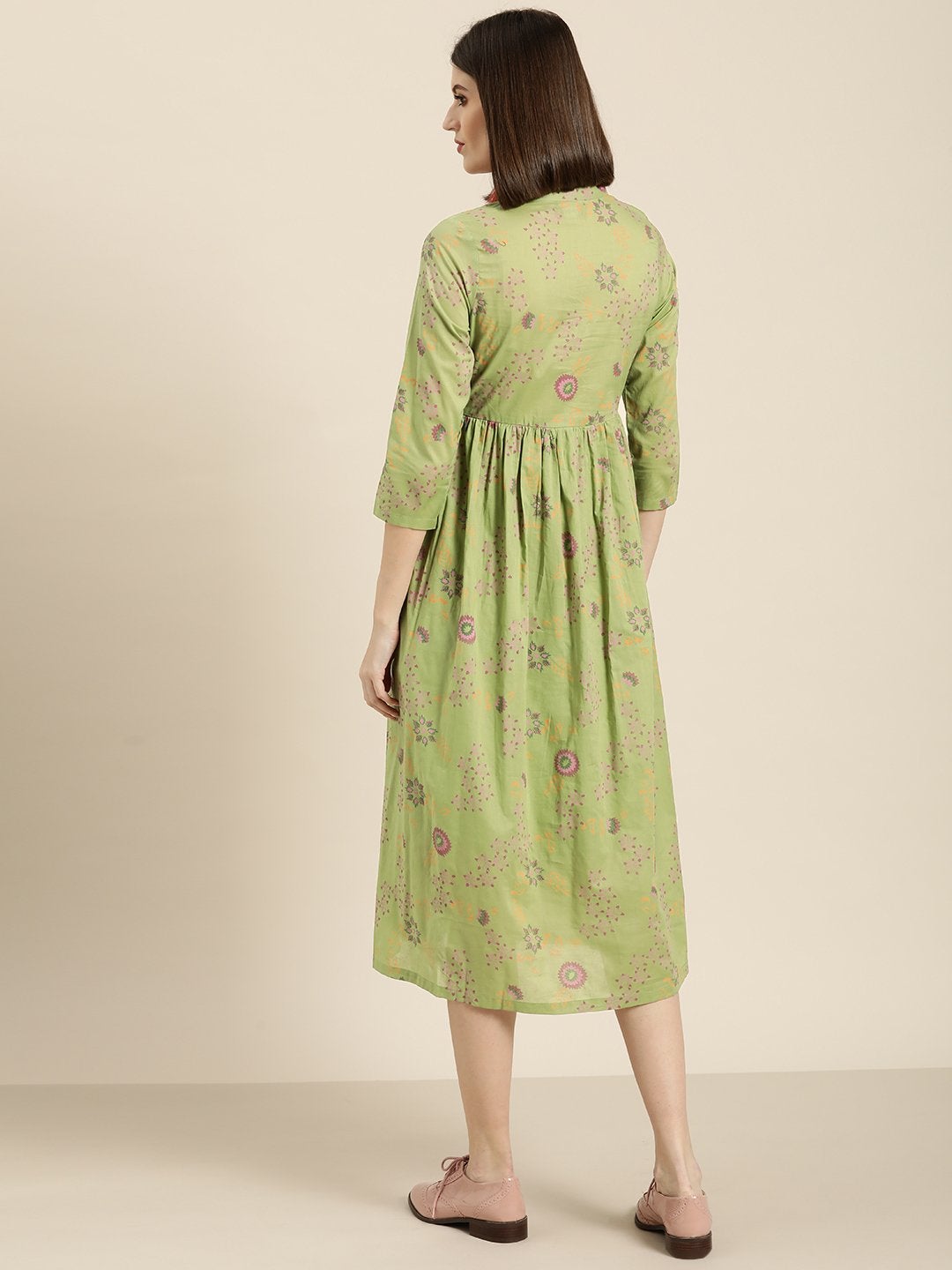 Women's Green Printed Front Button Gathered Dress - SASSAFRAS