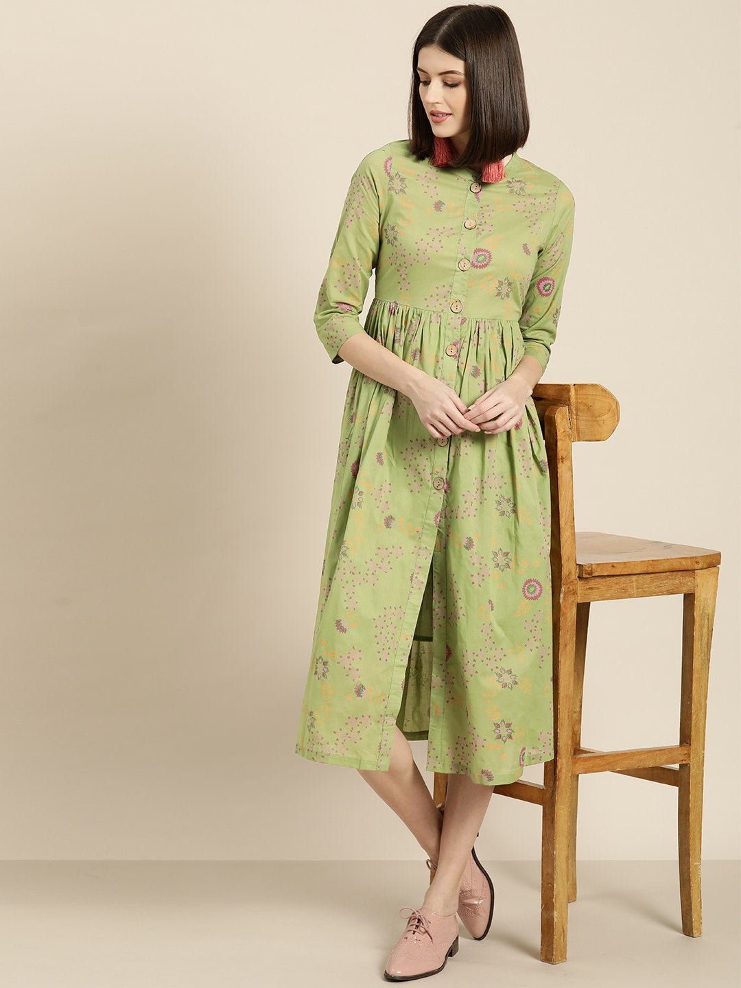 Women's Green Printed Front Button Gathered Dress - SASSAFRAS