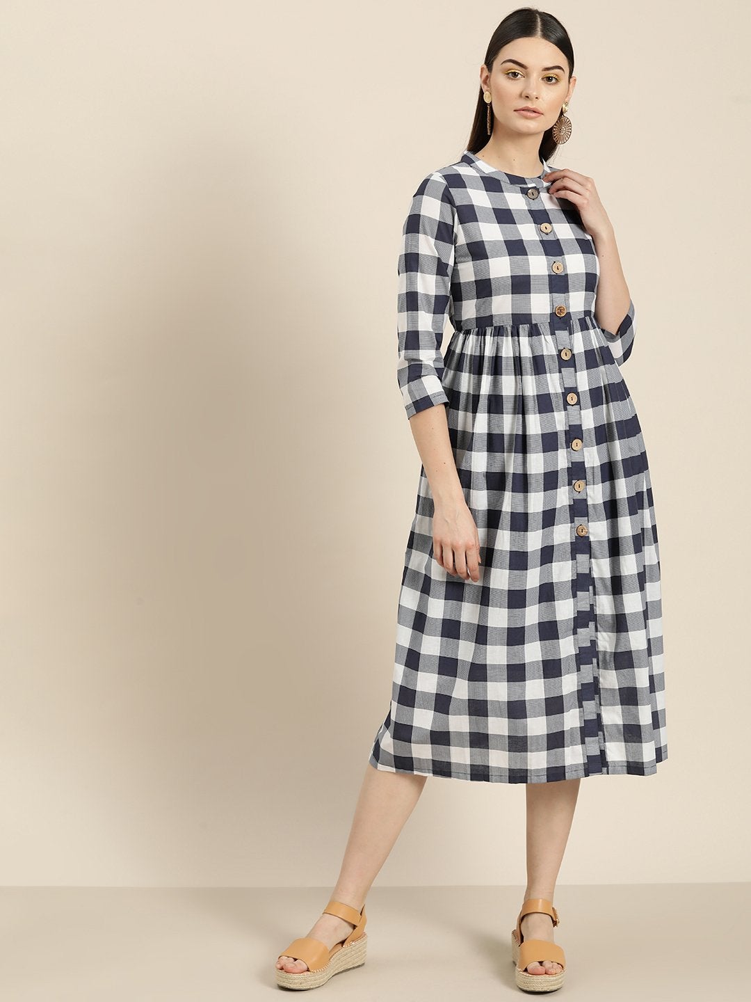 Women's Navy Check Front Button Gathered Dress - SASSAFRAS