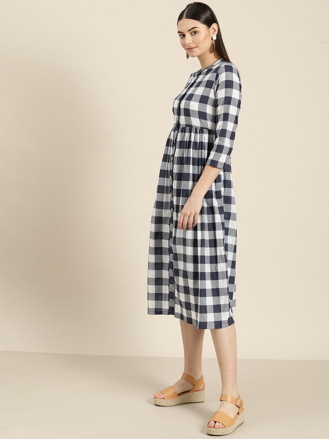 Women's Navy Check Front Button Gathered Dress - SASSAFRAS