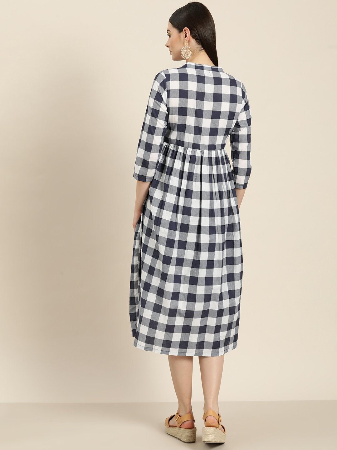 Women's Navy Check Front Button Gathered Dress - SASSAFRAS