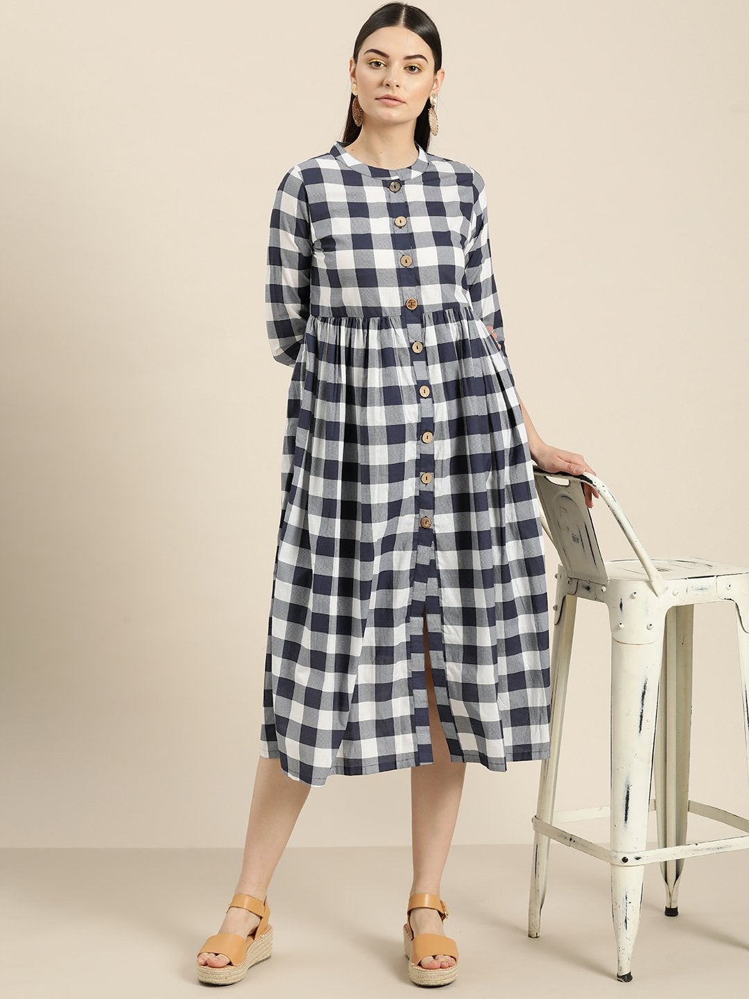 Women's Navy Check Front Button Gathered Dress - SASSAFRAS