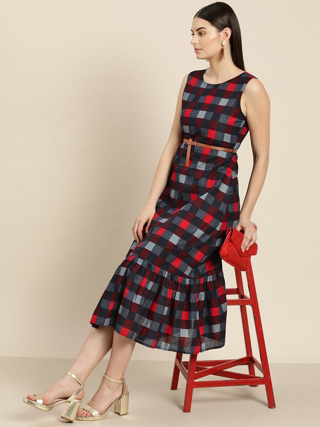 Women's Blue Check Sleeveless Belted Dress - SASSAFRAS