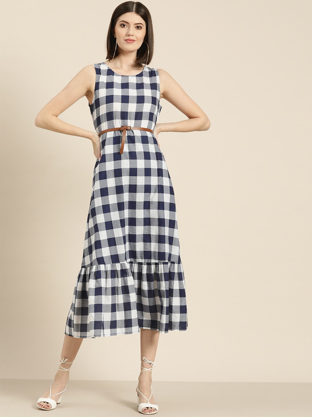 Women's Navy Check Sleeveless Belted Dress - SASSAFRAS