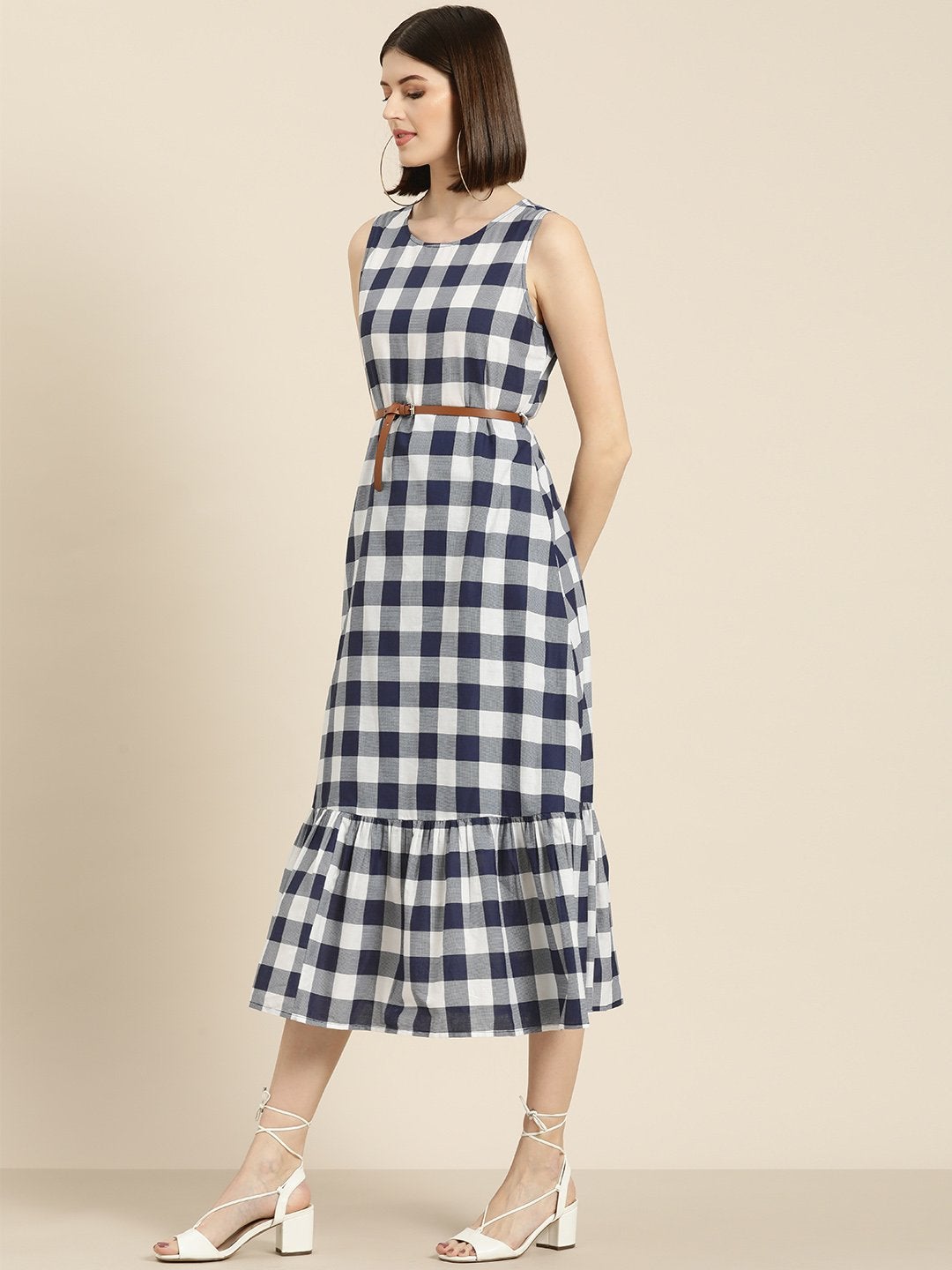 Women's Navy Check Sleeveless Belted Dress - SASSAFRAS