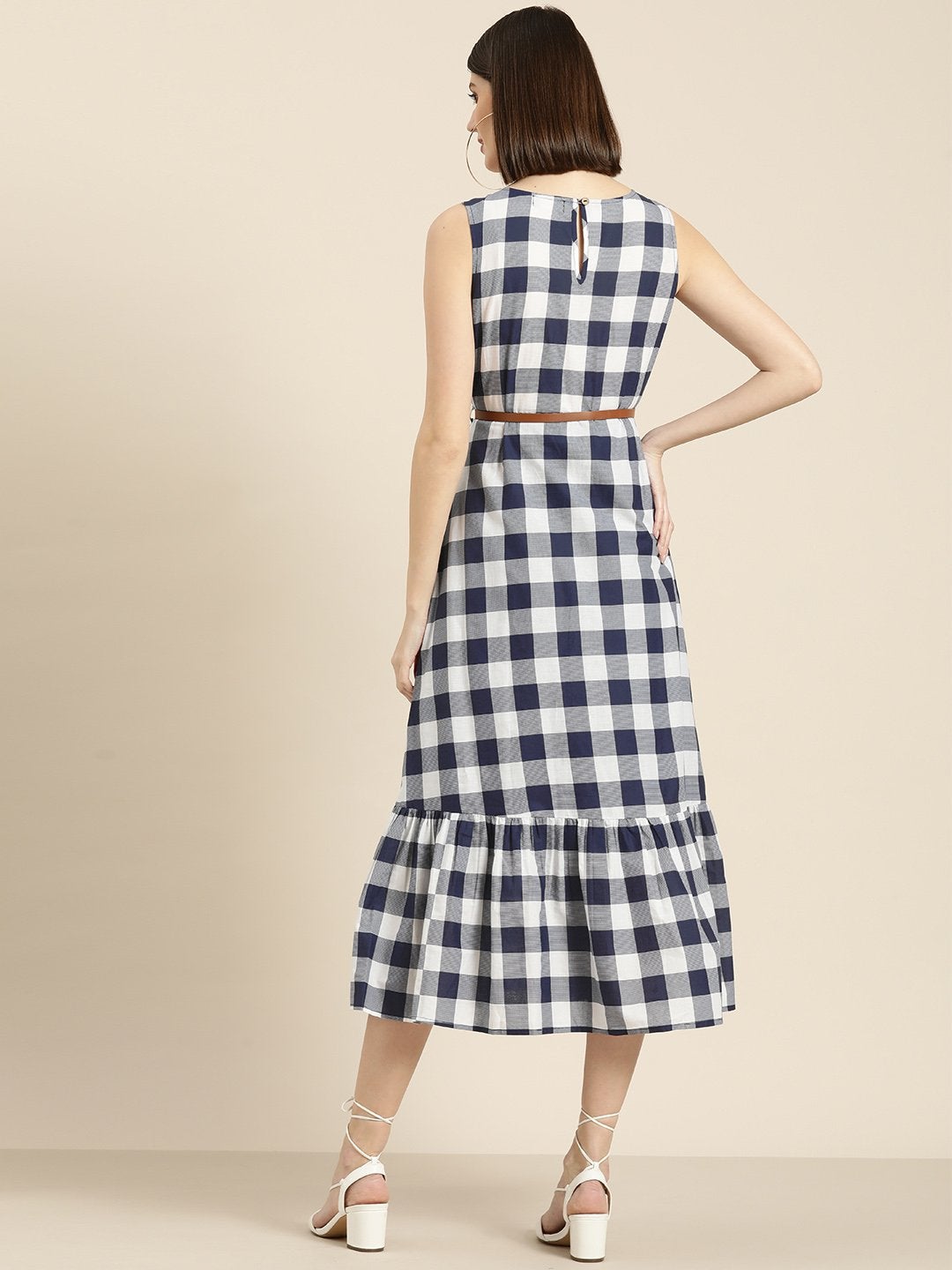 Women's Navy Check Sleeveless Belted Dress - SASSAFRAS