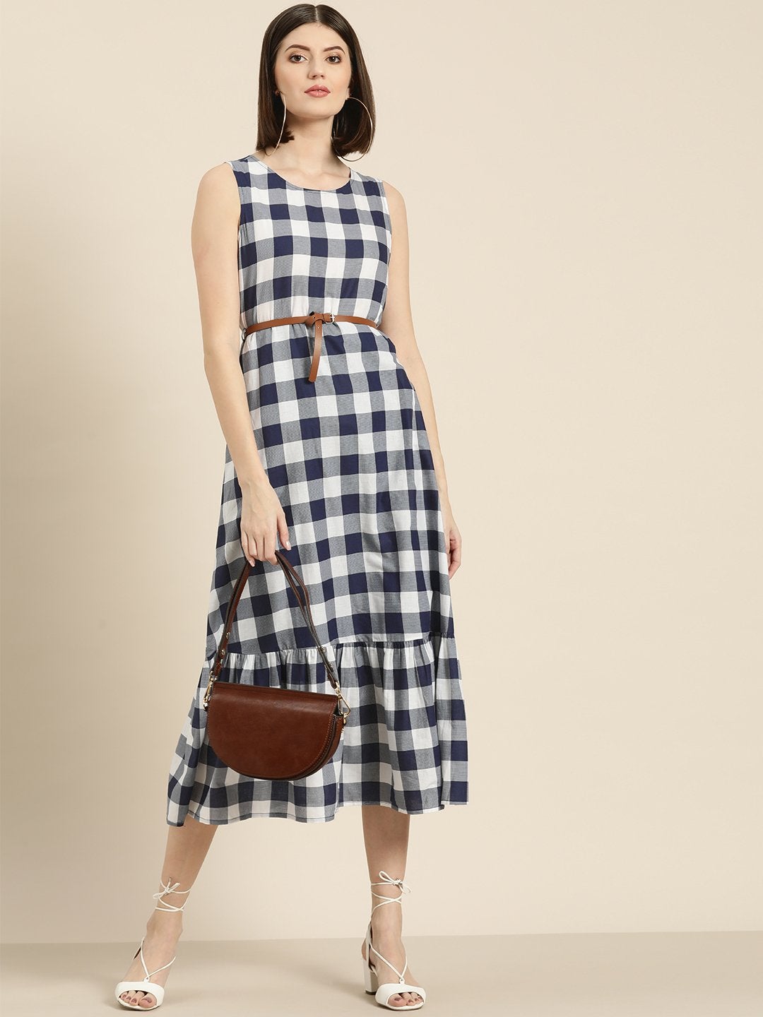 Women's Navy Check Sleeveless Belted Dress - SASSAFRAS