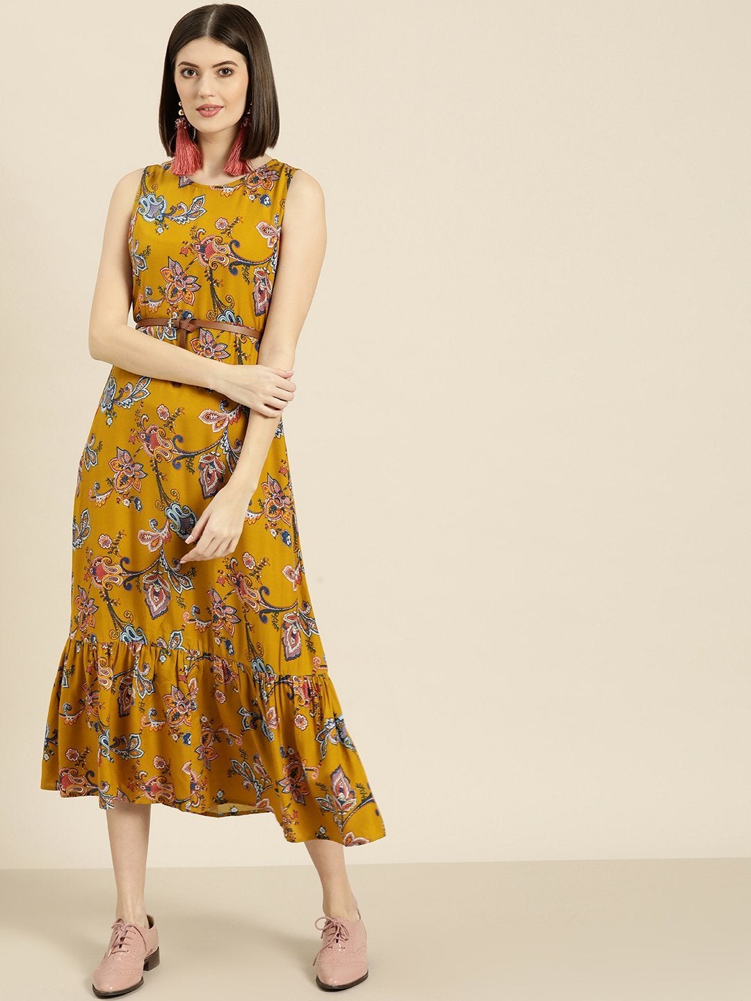 Women's Mustard Floral Sleeveless Belted Dress - SASSAFRAS