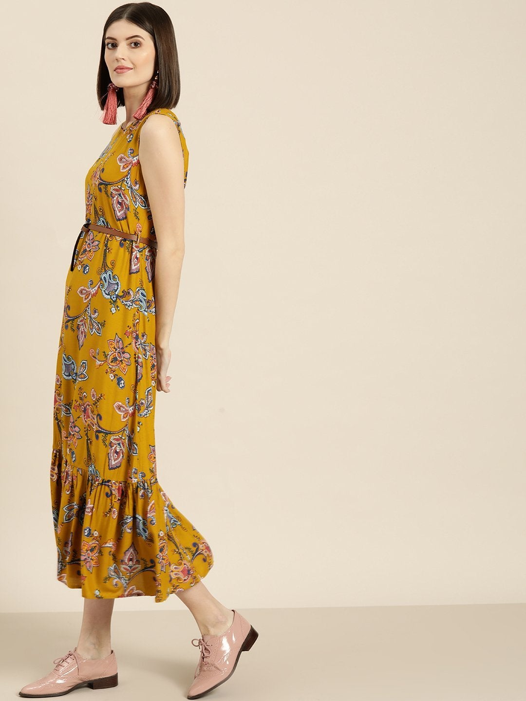 Women's Mustard Floral Sleeveless Belted Dress - SASSAFRAS