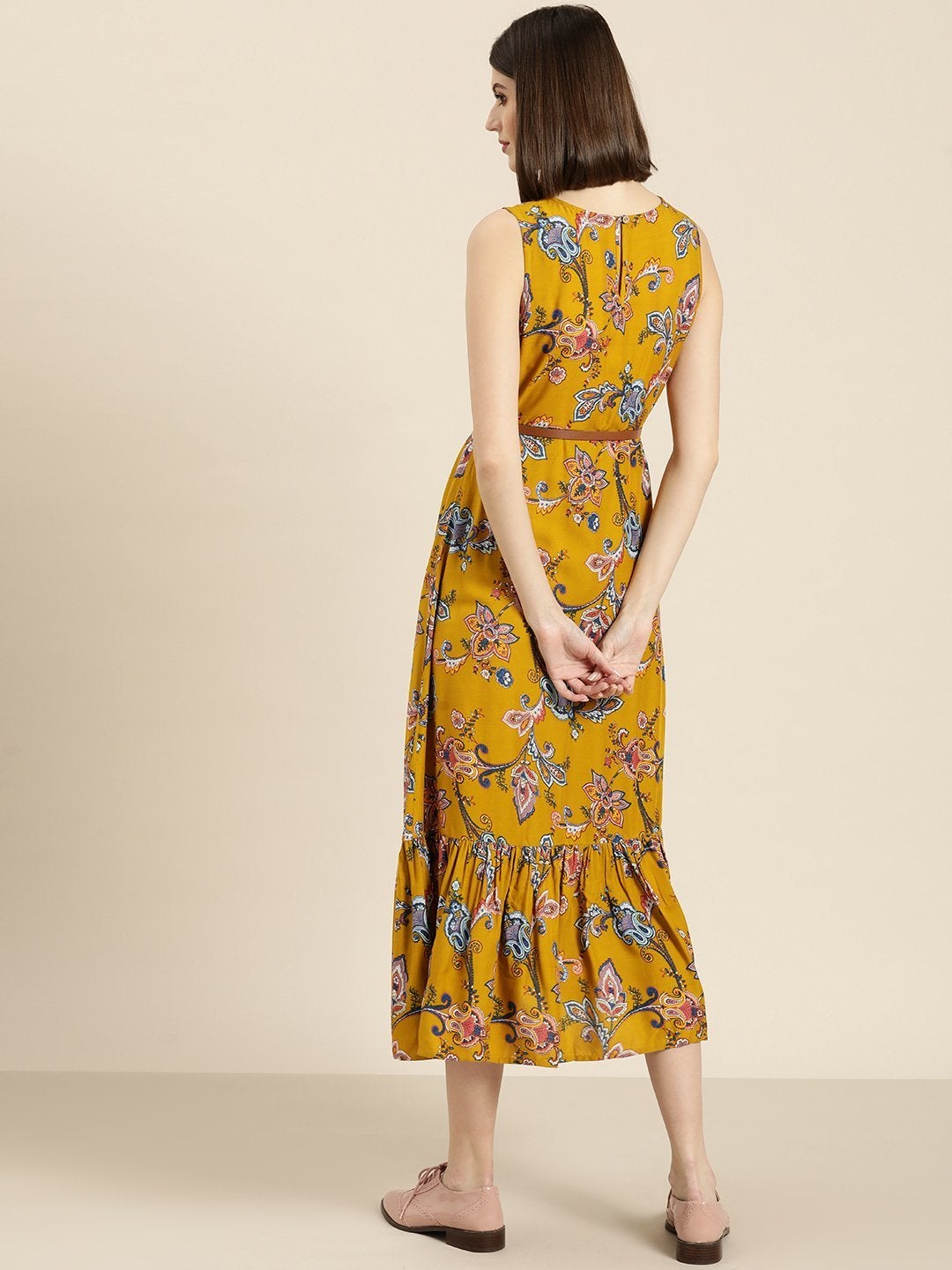 Women's Mustard Floral Sleeveless Belted Dress - SASSAFRAS