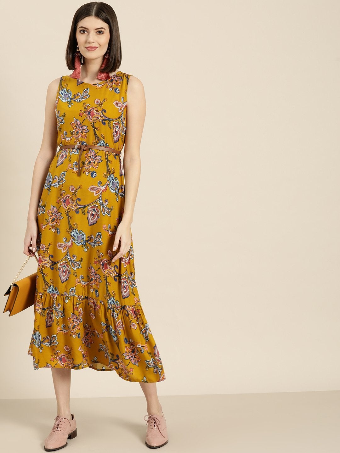 Women's Mustard Floral Sleeveless Belted Dress - SASSAFRAS