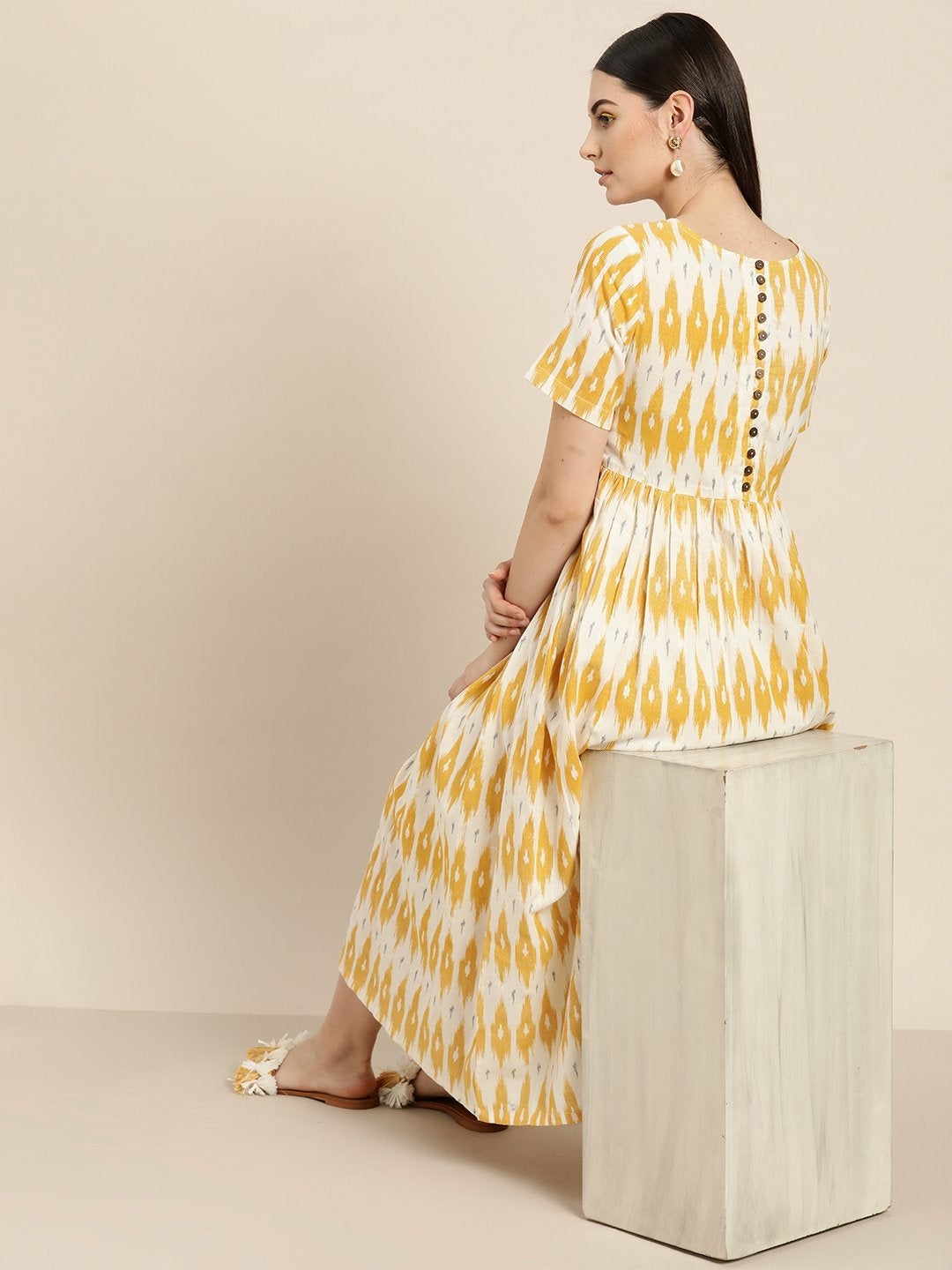 Women's Yellow Ikat Patch Pocket Midi Dress - SASSAFRAS