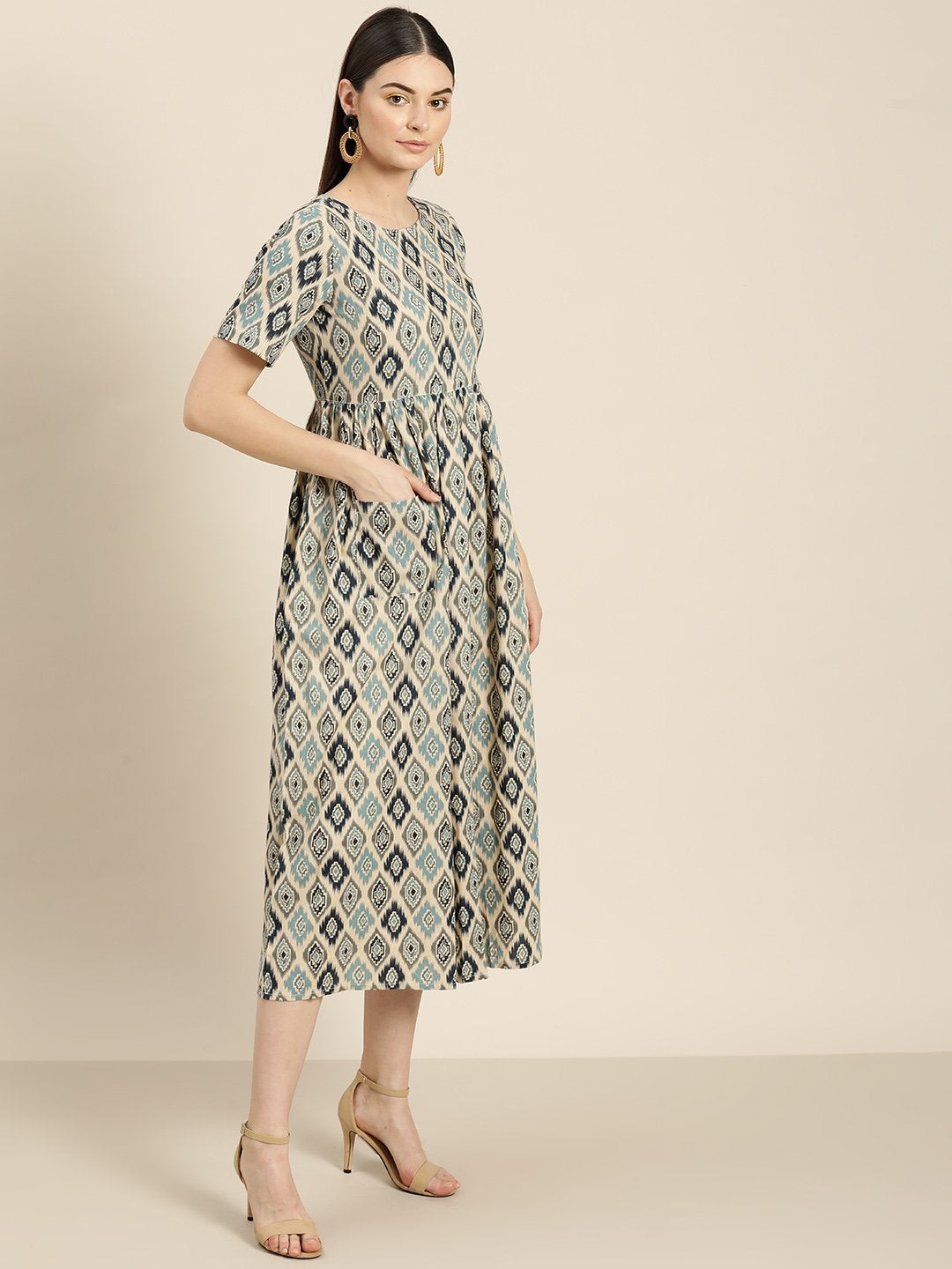 Women's Beige Ikat Patch Pocket Midi Dress - SASSAFRAS