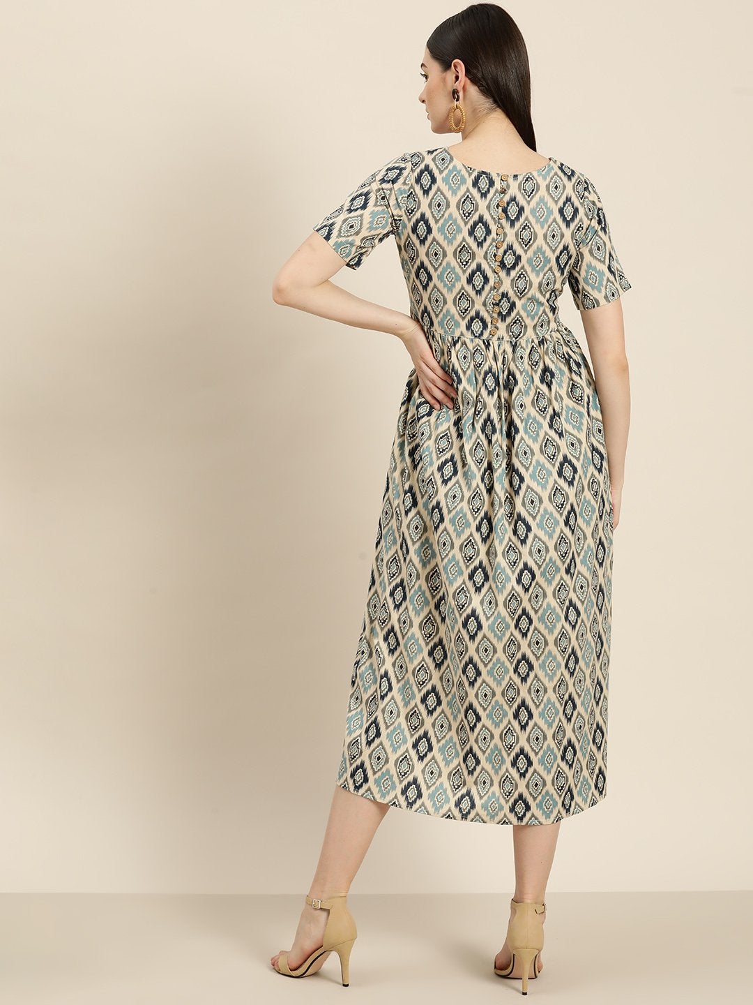 Women's Beige Ikat Patch Pocket Midi Dress - SASSAFRAS