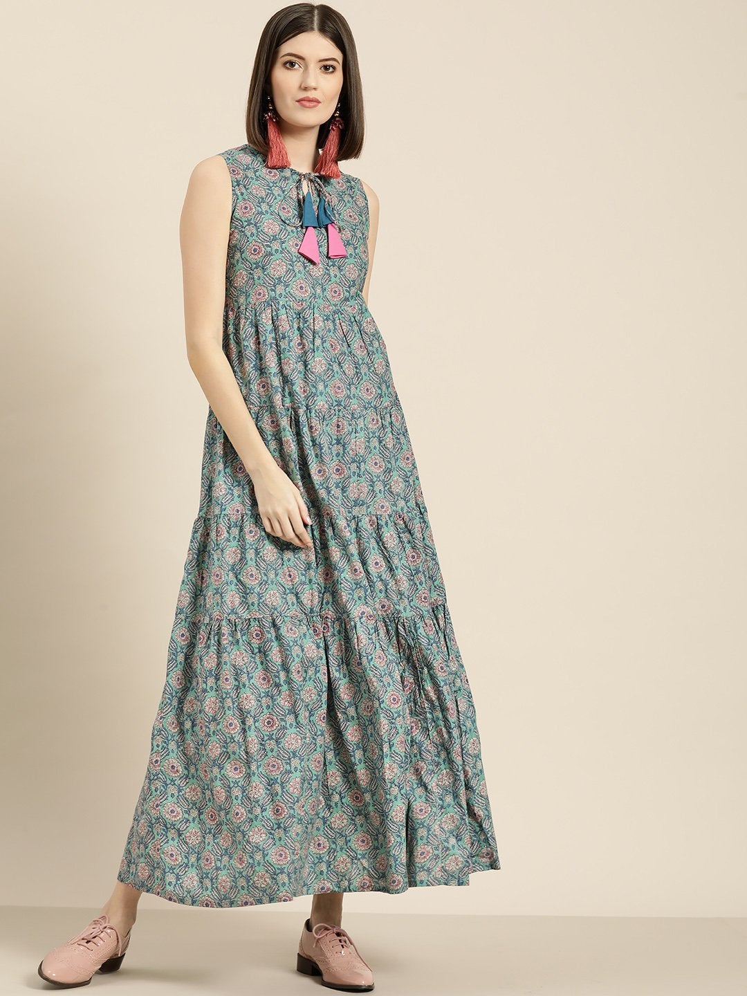 Women's Sea Green Floral Sleeveless Tiered Maxi - SASSAFRAS