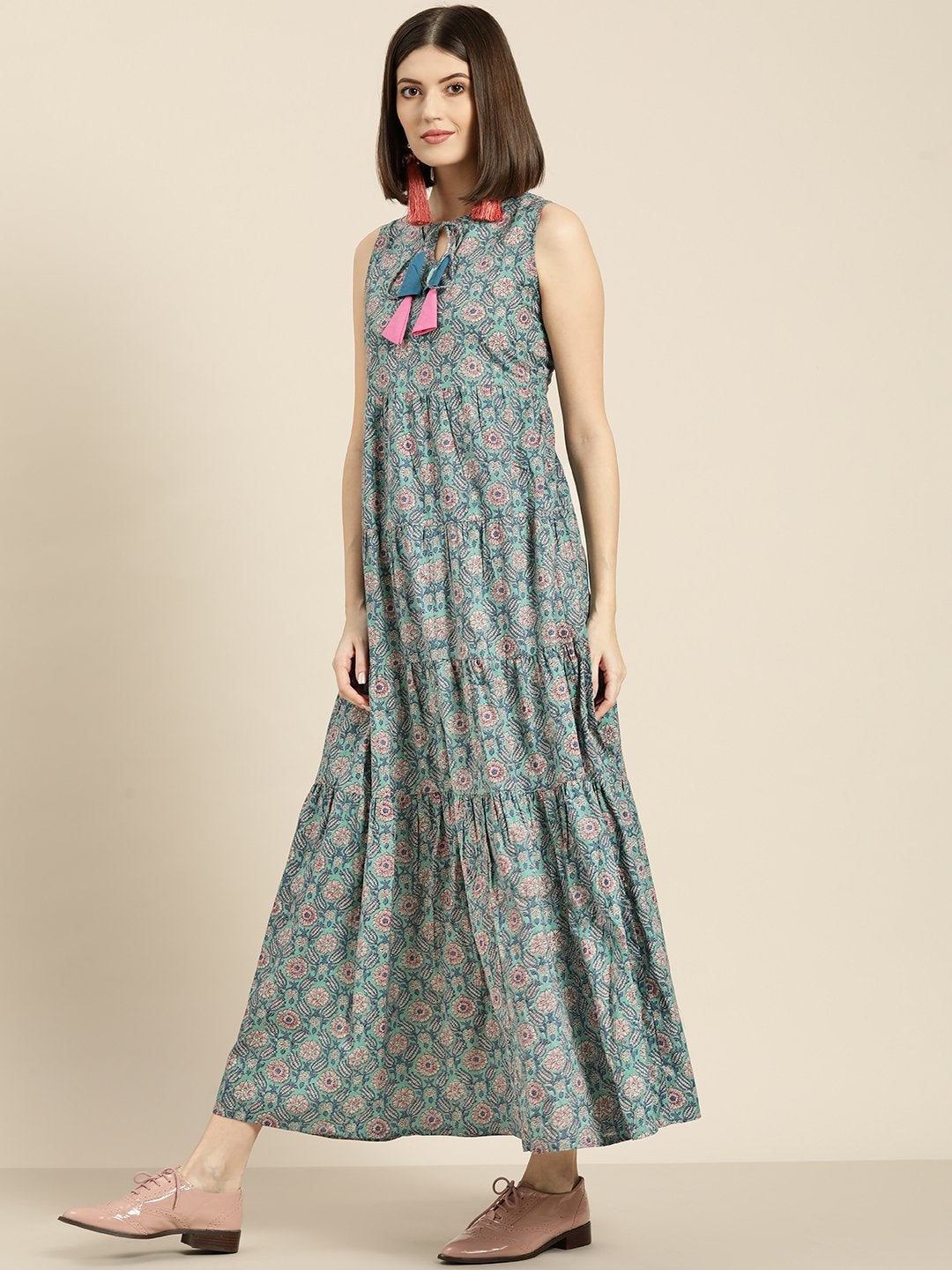 Women's Sea Green Floral Sleeveless Tiered Maxi - SASSAFRAS