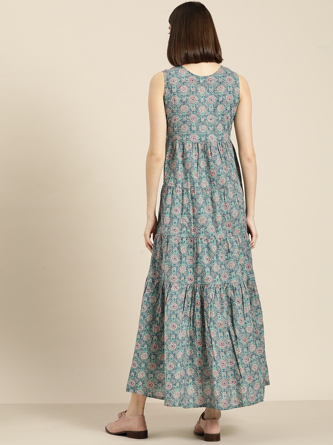 Women's Sea Green Floral Sleeveless Tiered Maxi - SASSAFRAS