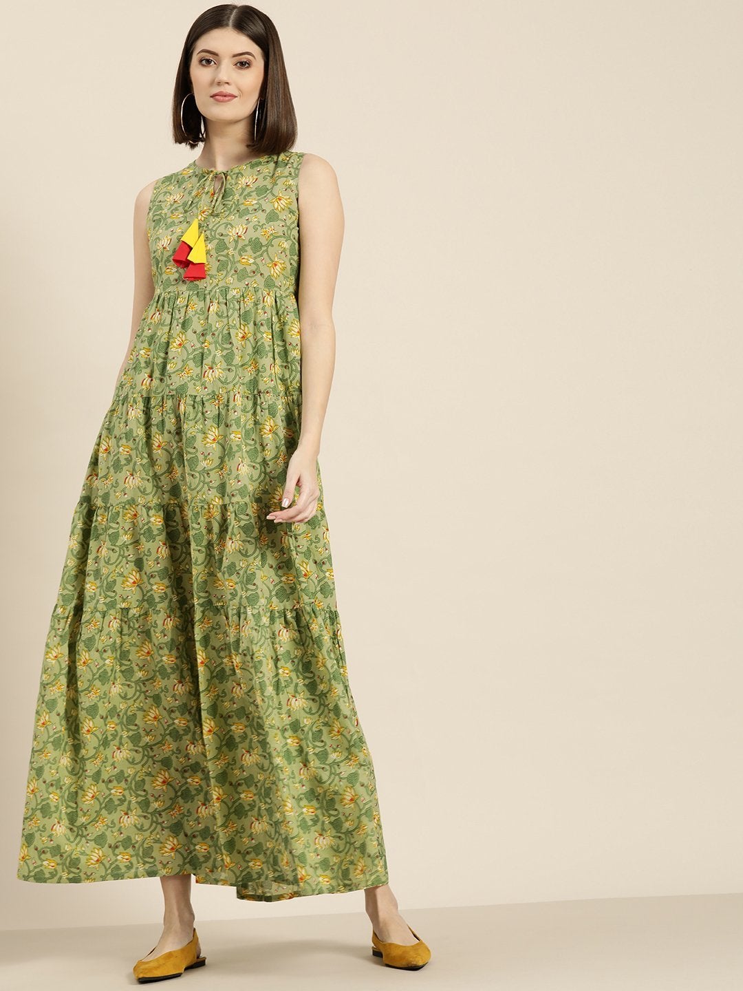 Women's Green Floral Sleeveless Tiered Maxi - SASSAFRAS