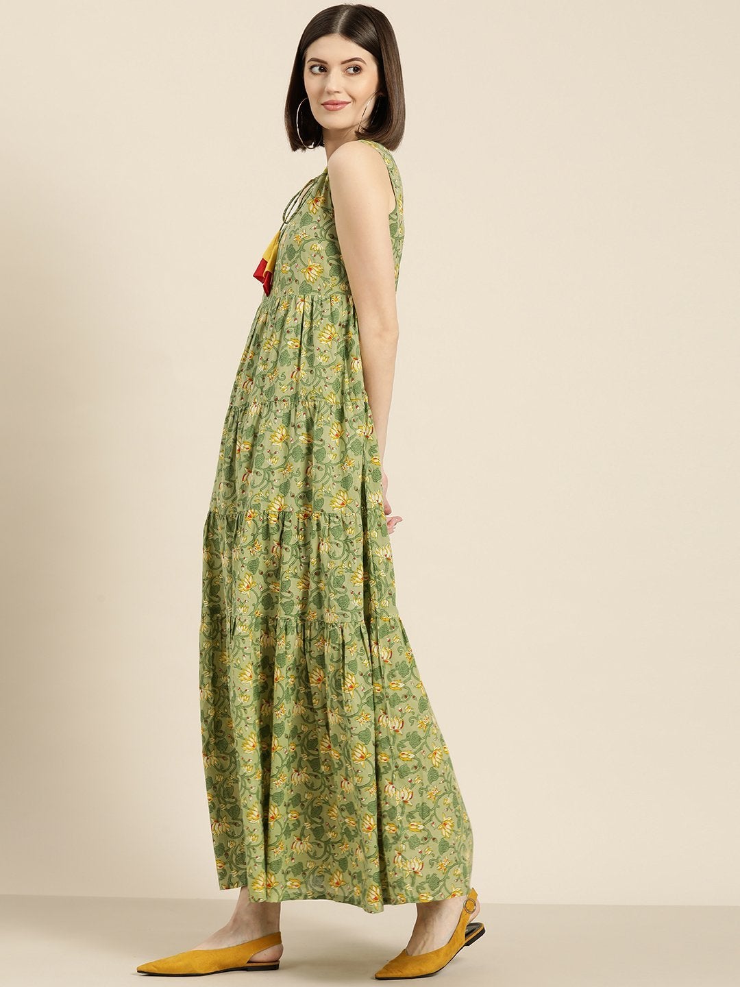 Women's Green Floral Sleeveless Tiered Maxi - SASSAFRAS