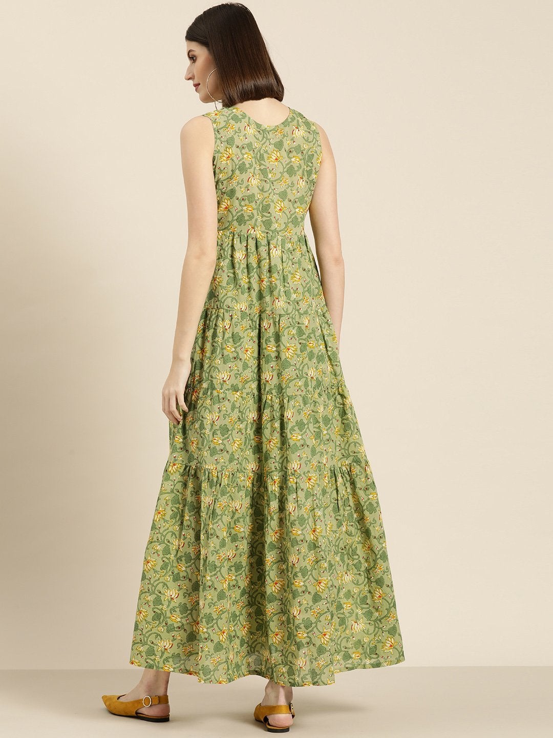 Women's Green Floral Sleeveless Tiered Maxi - SASSAFRAS