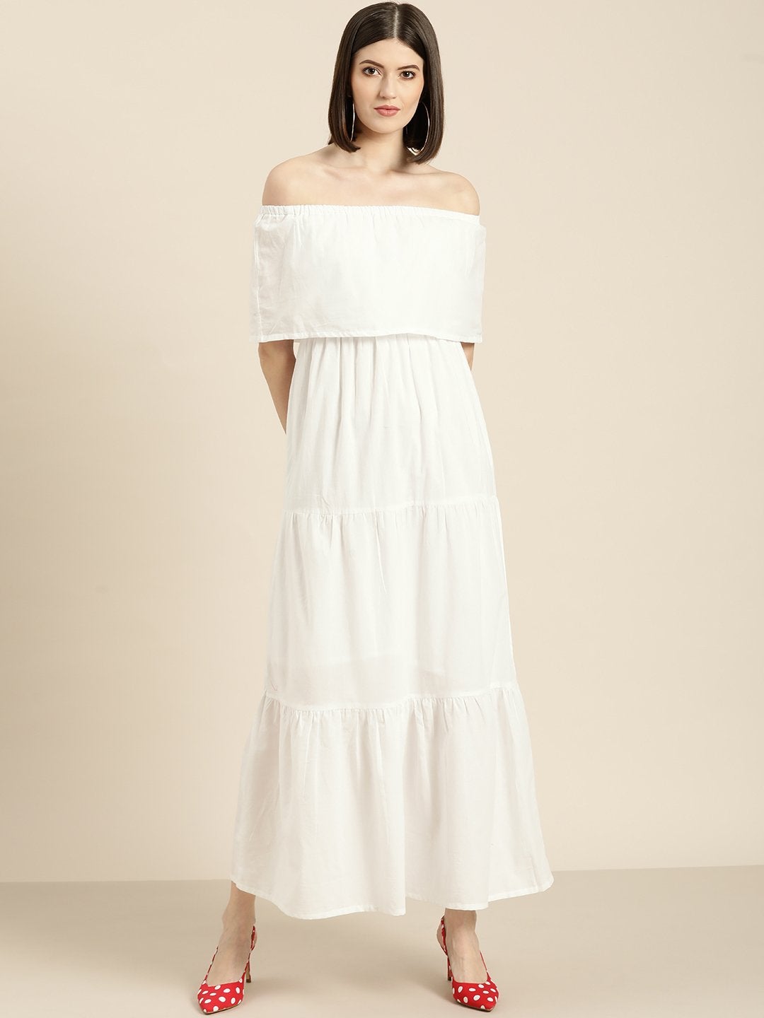 Women's White Off Shoulder Tiered Dress - SASSAFRAS