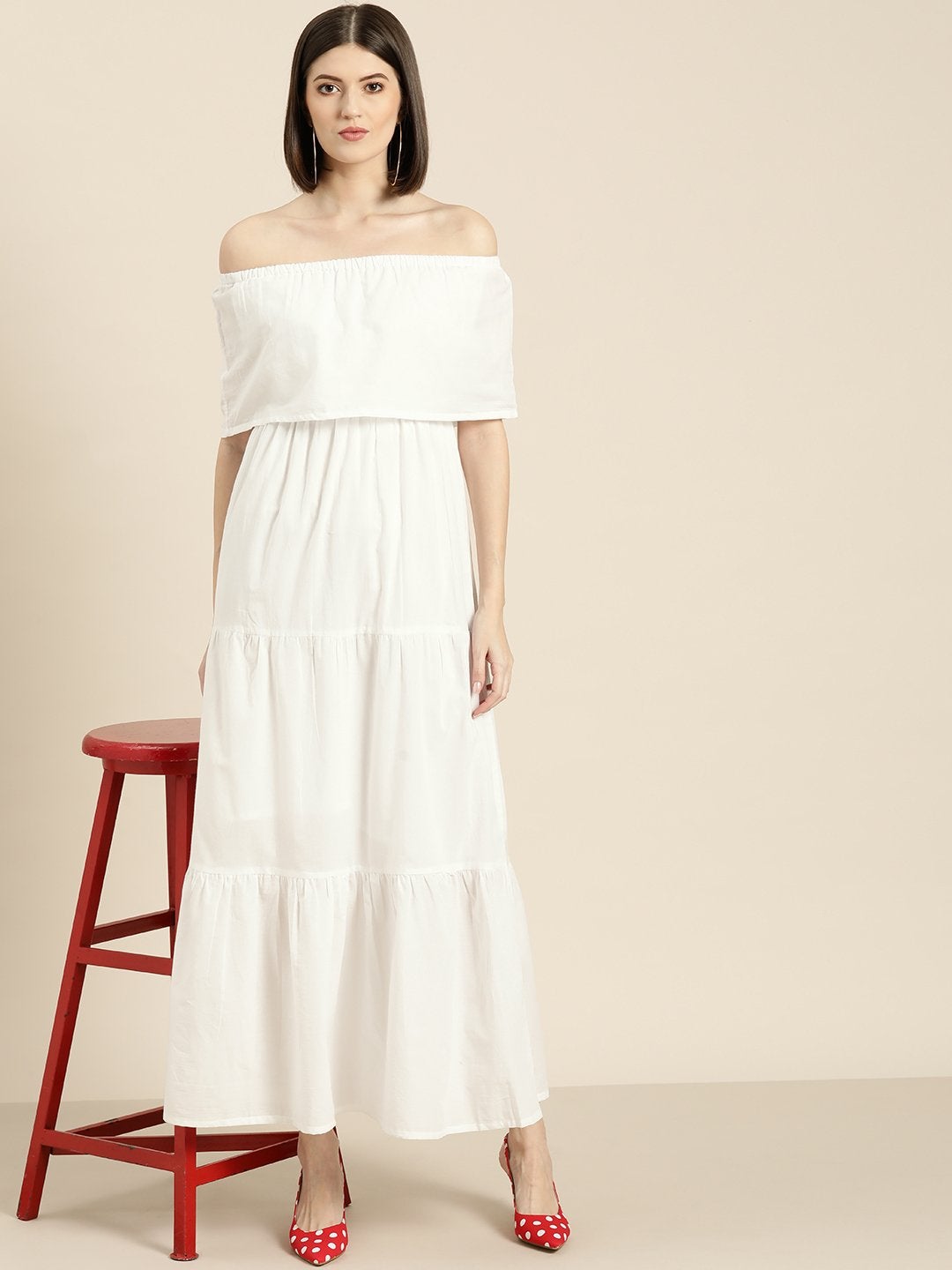 Women's White Off Shoulder Tiered Dress - SASSAFRAS