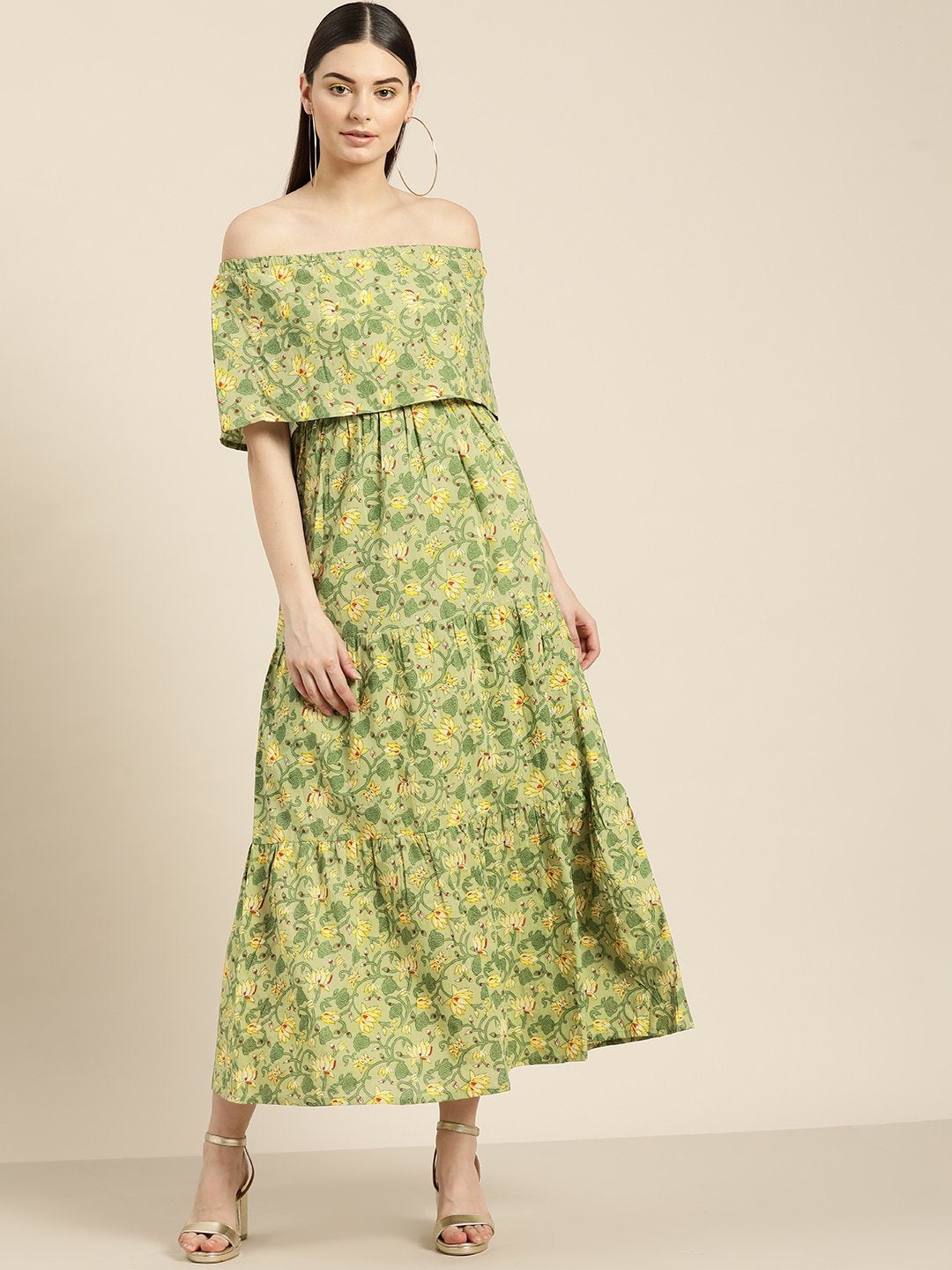 Women's Green Floral Off Shoulder Tiered Dress - SASSAFRAS