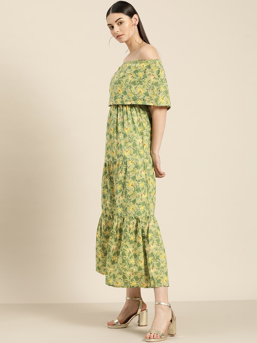 Women's Green Floral Off Shoulder Tiered Dress - SASSAFRAS