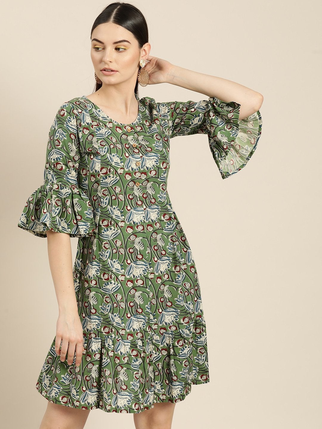 Women's Green Floral Frill Hem Dress - SASSAFRAS