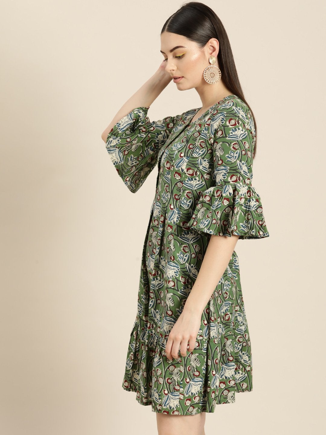 Women's Green Floral Frill Hem Dress - SASSAFRAS