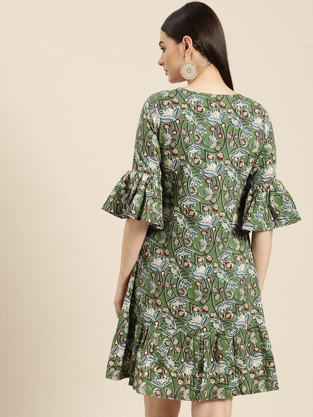 Women's Green Floral Frill Hem Dress - SASSAFRAS