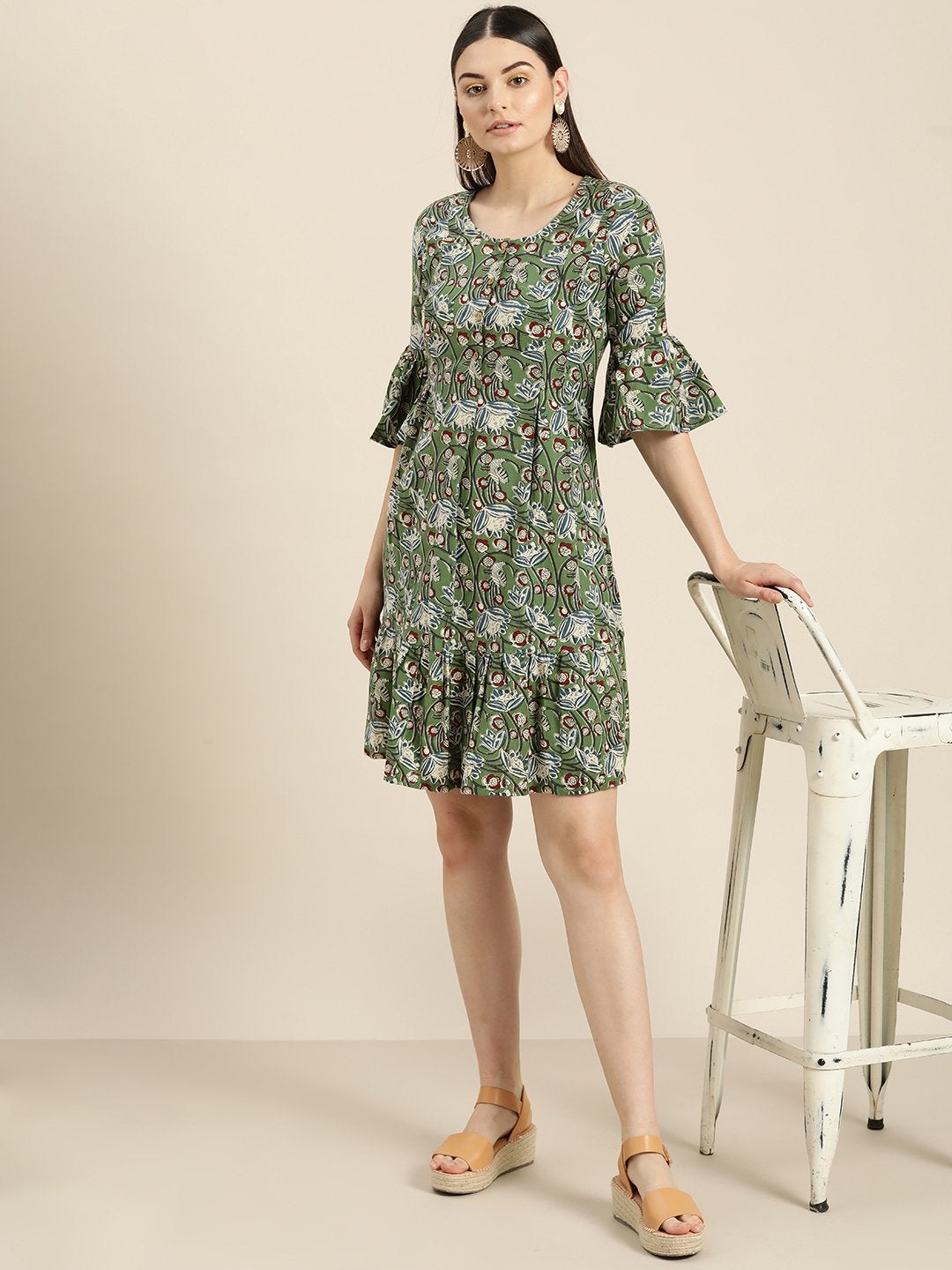 Women's Green Floral Frill Hem Dress - SASSAFRAS