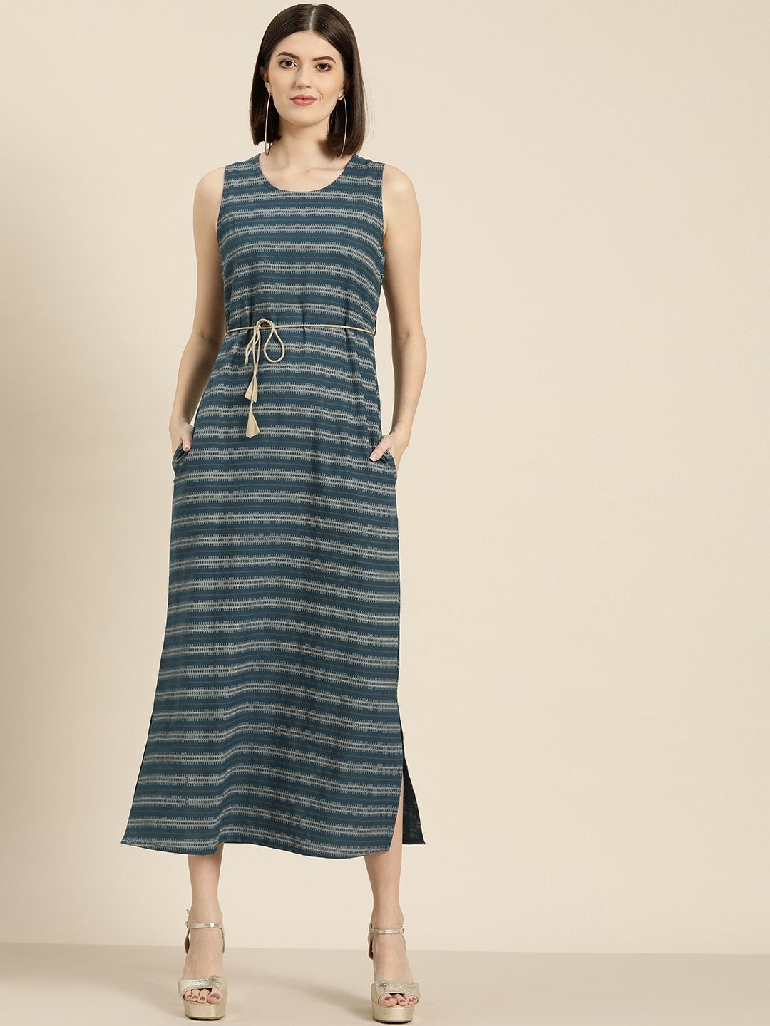 Women's Teal Stripe Straight Maxi - SASSAFRAS