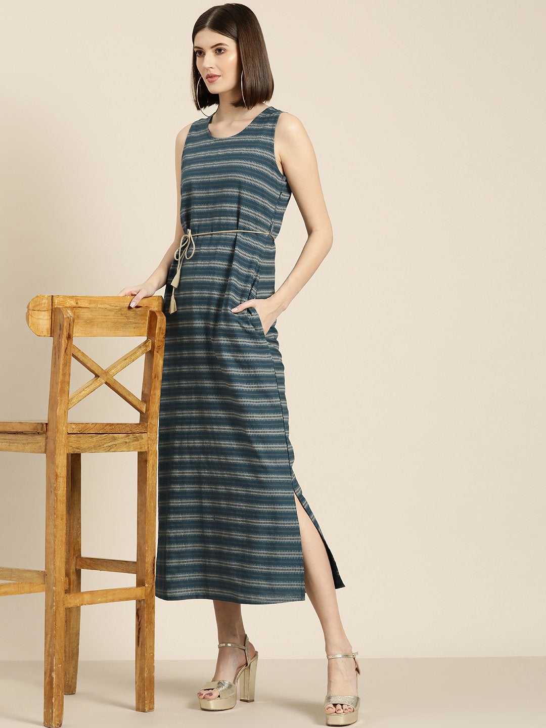 Women's Teal Stripe Straight Maxi - SASSAFRAS