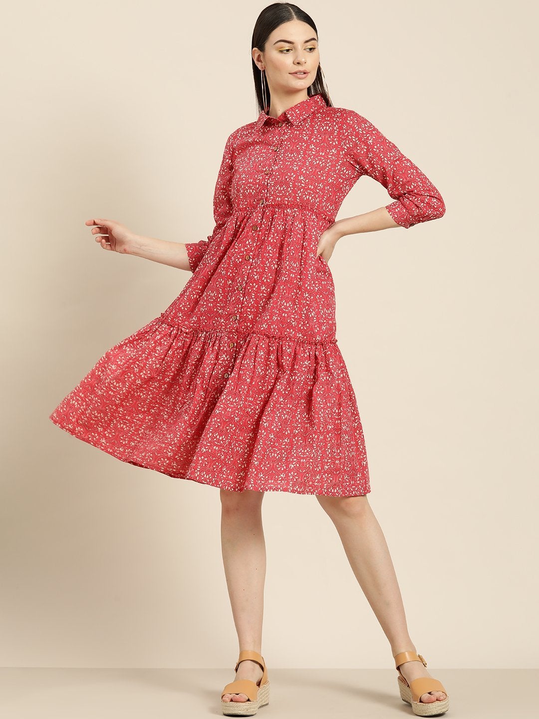 Women's Pink Floral Shirt Collar Tiered Dress - SASSAFRAS