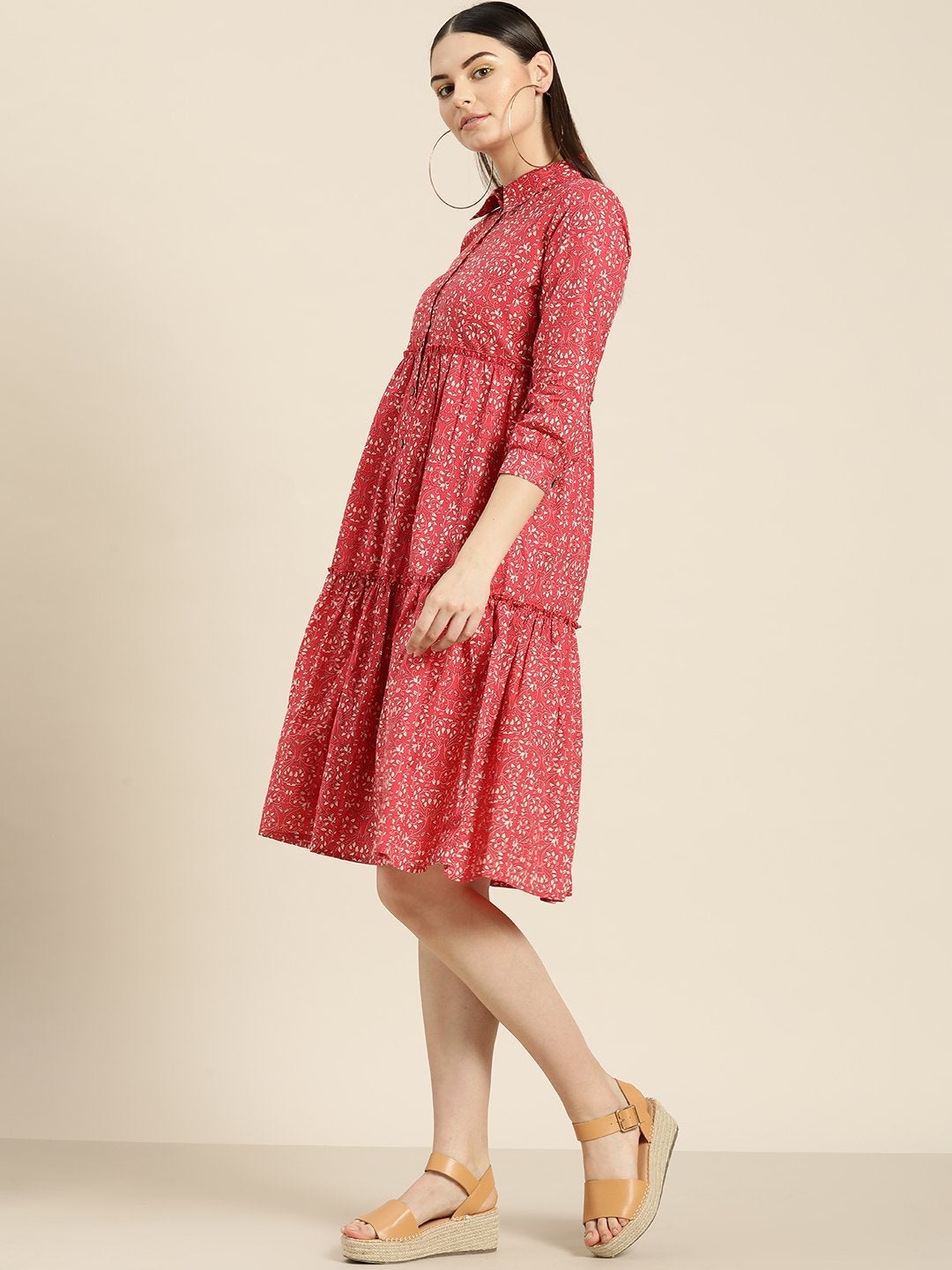 Women's Pink Floral Shirt Collar Tiered Dress - SASSAFRAS