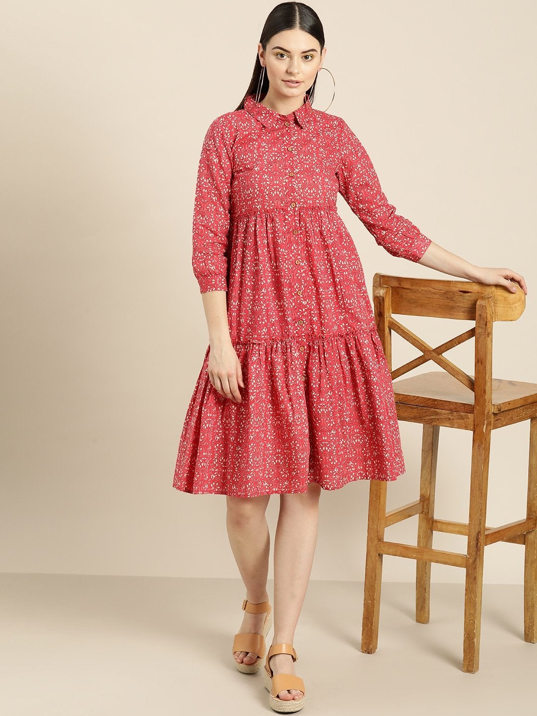 Women's Pink Floral Shirt Collar Tiered Dress - SASSAFRAS