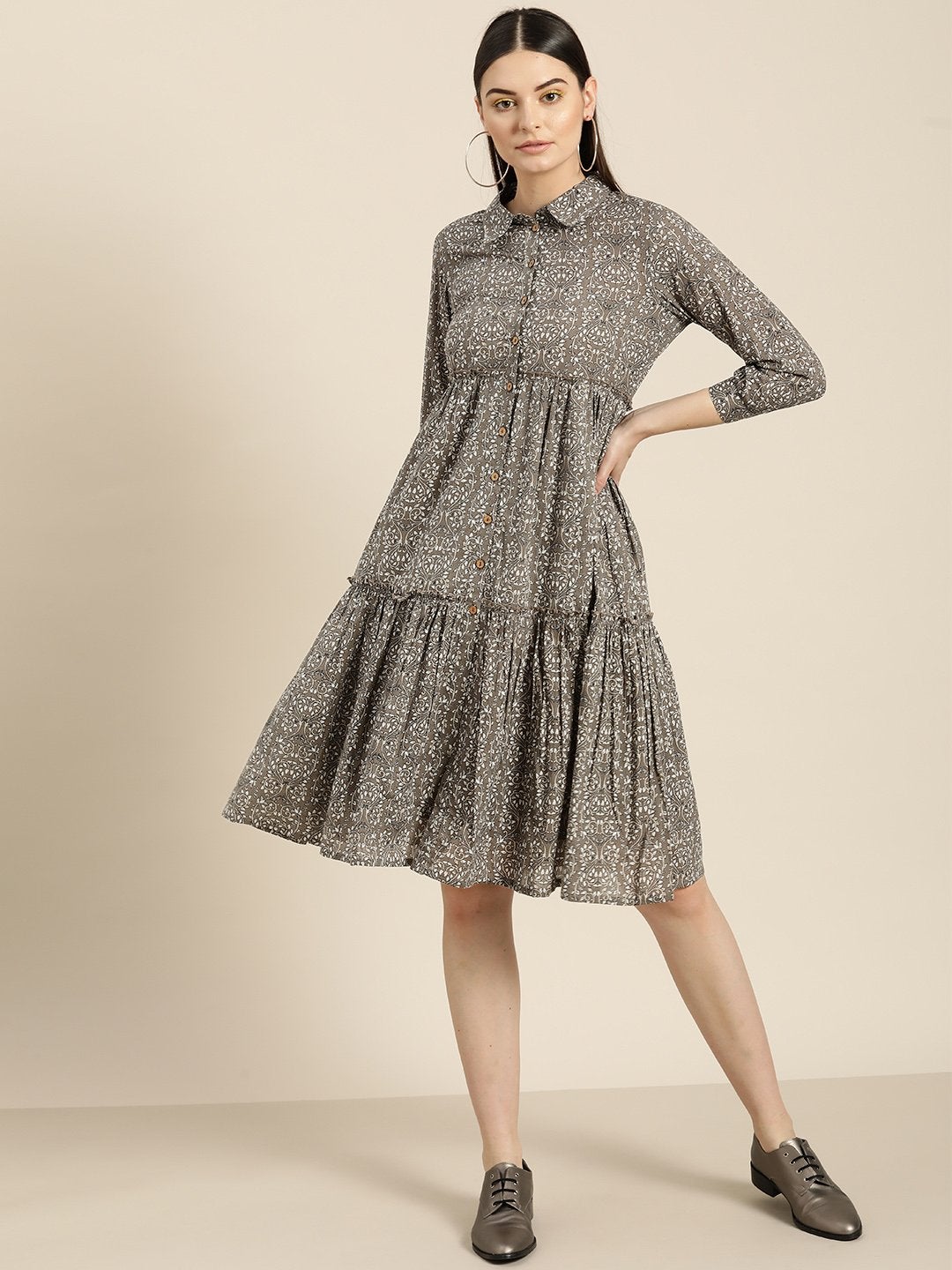 Women's Grey Floral Shirt Collar Tiered Dress - SASSAFRAS