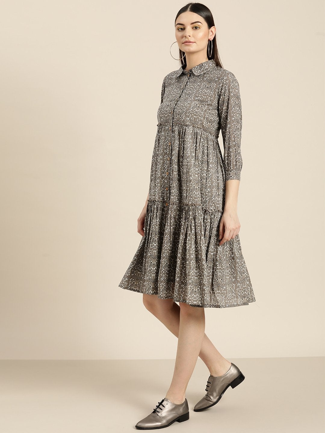 Women's Grey Floral Shirt Collar Tiered Dress - SASSAFRAS