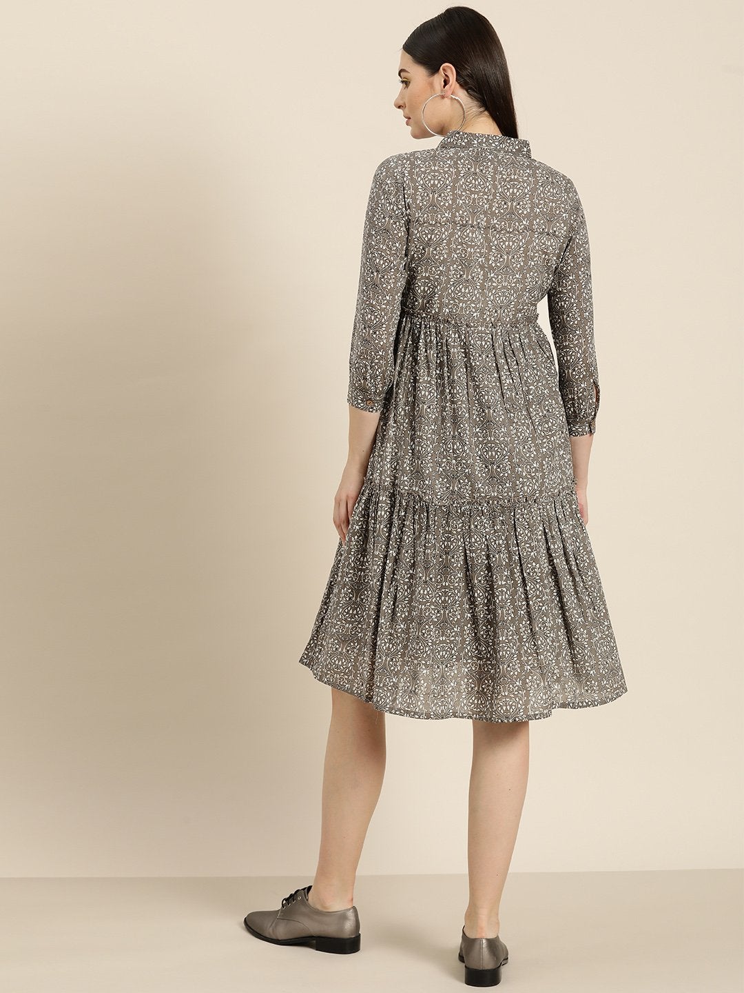 Women's Grey Floral Shirt Collar Tiered Dress - SASSAFRAS