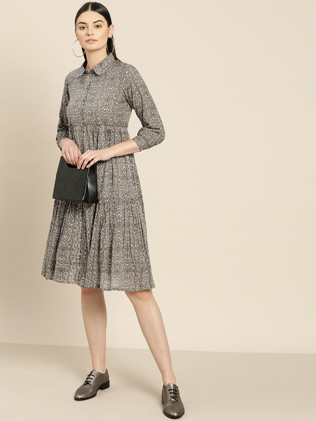 Women's Grey Floral Shirt Collar Tiered Dress - SASSAFRAS