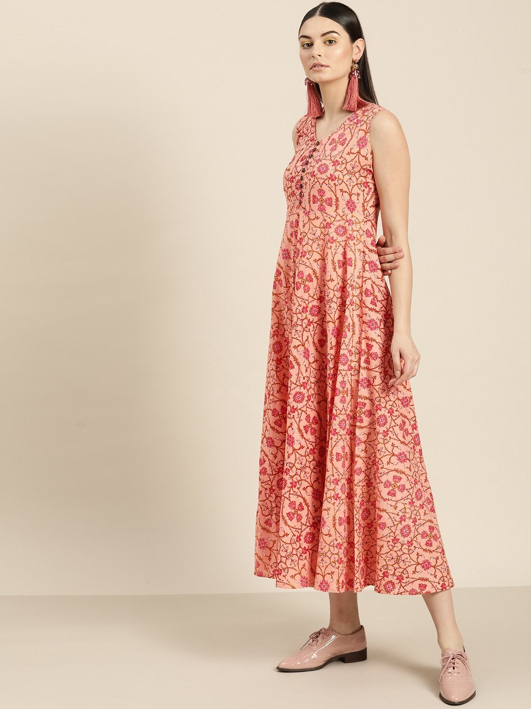 Women's Peach Floral Sleeveless Flared Dress - SASSAFRAS