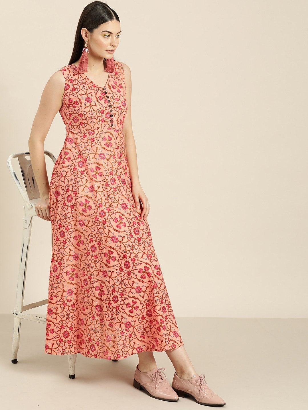 Women's Peach Floral Sleeveless Flared Dress - SASSAFRAS