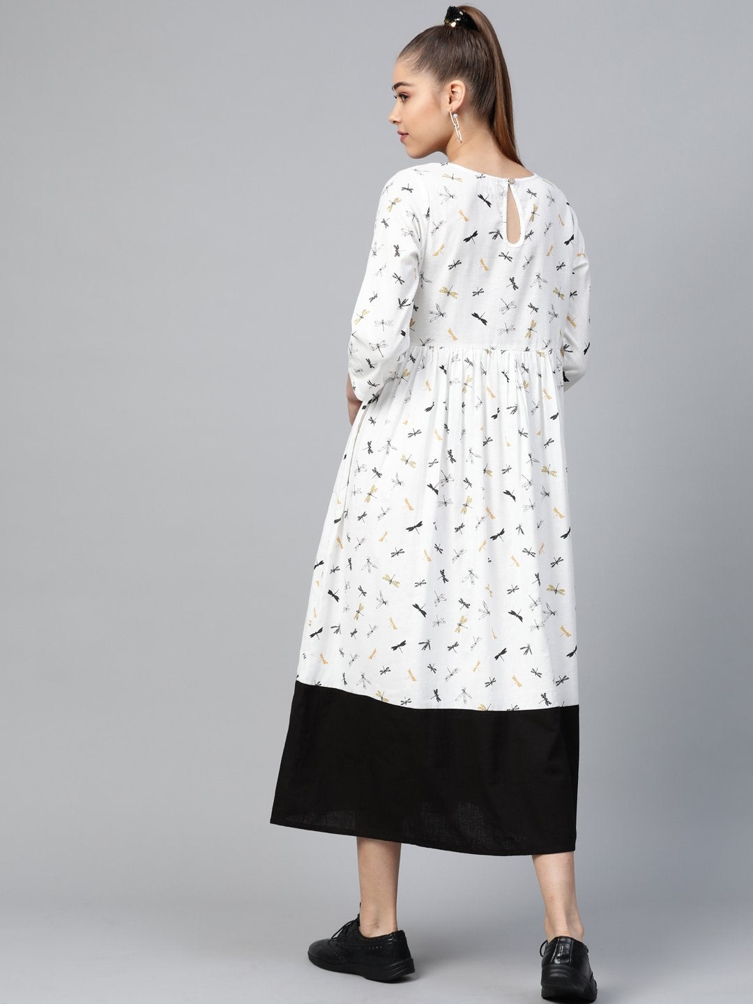 Women's White Drangonfly Print Gathered Dress - SASSAFRAS