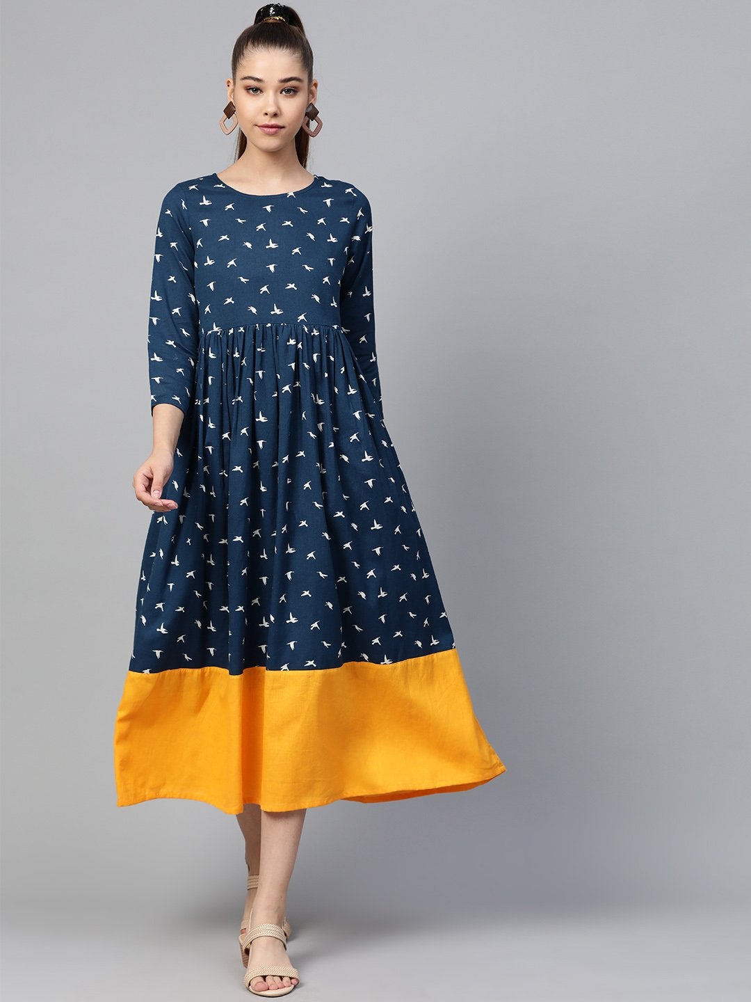 Women's Navy Bird Print Gathered Dress - SASSAFRAS