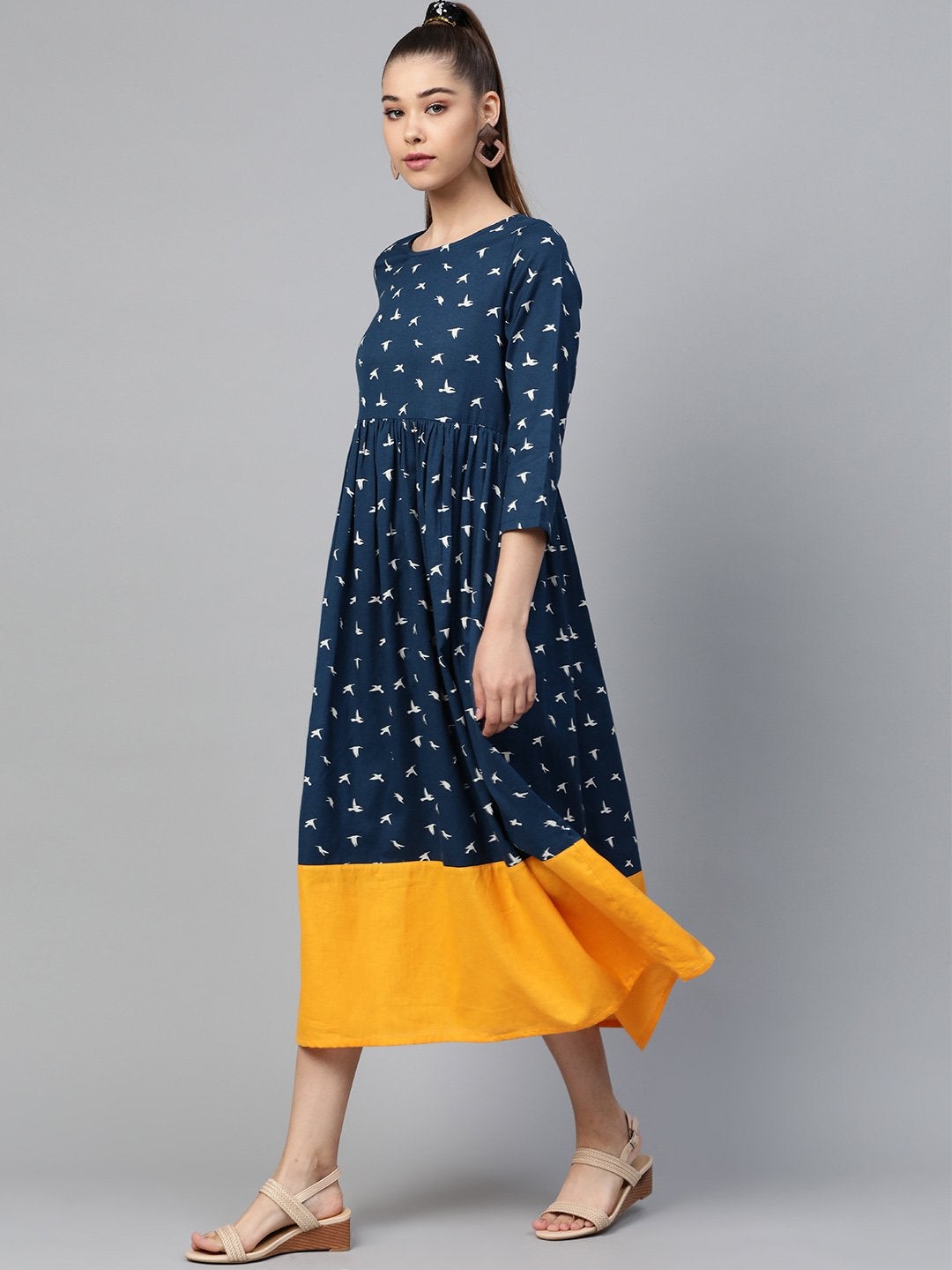 Women's Navy Bird Print Gathered Dress - SASSAFRAS